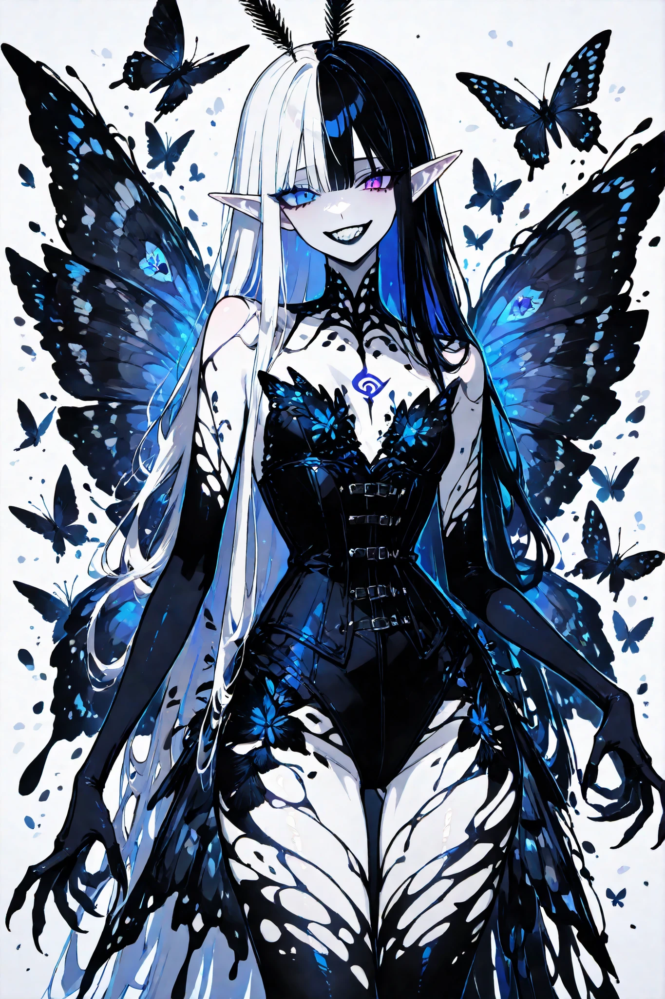 (SPLIT-COLOR HAIR,MIX OF BLACK AND WHITE HAIR,xxx667_illu,) Dark faèrie-girl. She has an asthenic skinny flat-chested physique, she has long elegant swan neck,clawed six-fingered limbs,long pointy ears. She has huge sharp pitch black butterfly wings. She has elegant curving antennas. She has white skin and a long straight nose. She has black lipstick and sharp needle-like teeth.
She has straight longest striped hair with NO BANGS. She has royal blue eyes with Nazar symbol. She wearing in jet-black closed skin-tight catsuit with nature embroidery and engraving of vines. Over it, she wears a Black butterfly leotard dress, with a narrow waist corset. (On background: twilight forest where purple-black trees are covered with bioluminescent moss , multicolored Lilly flowers and mushrooms. Black butterflies and moths are flying everywhere.)