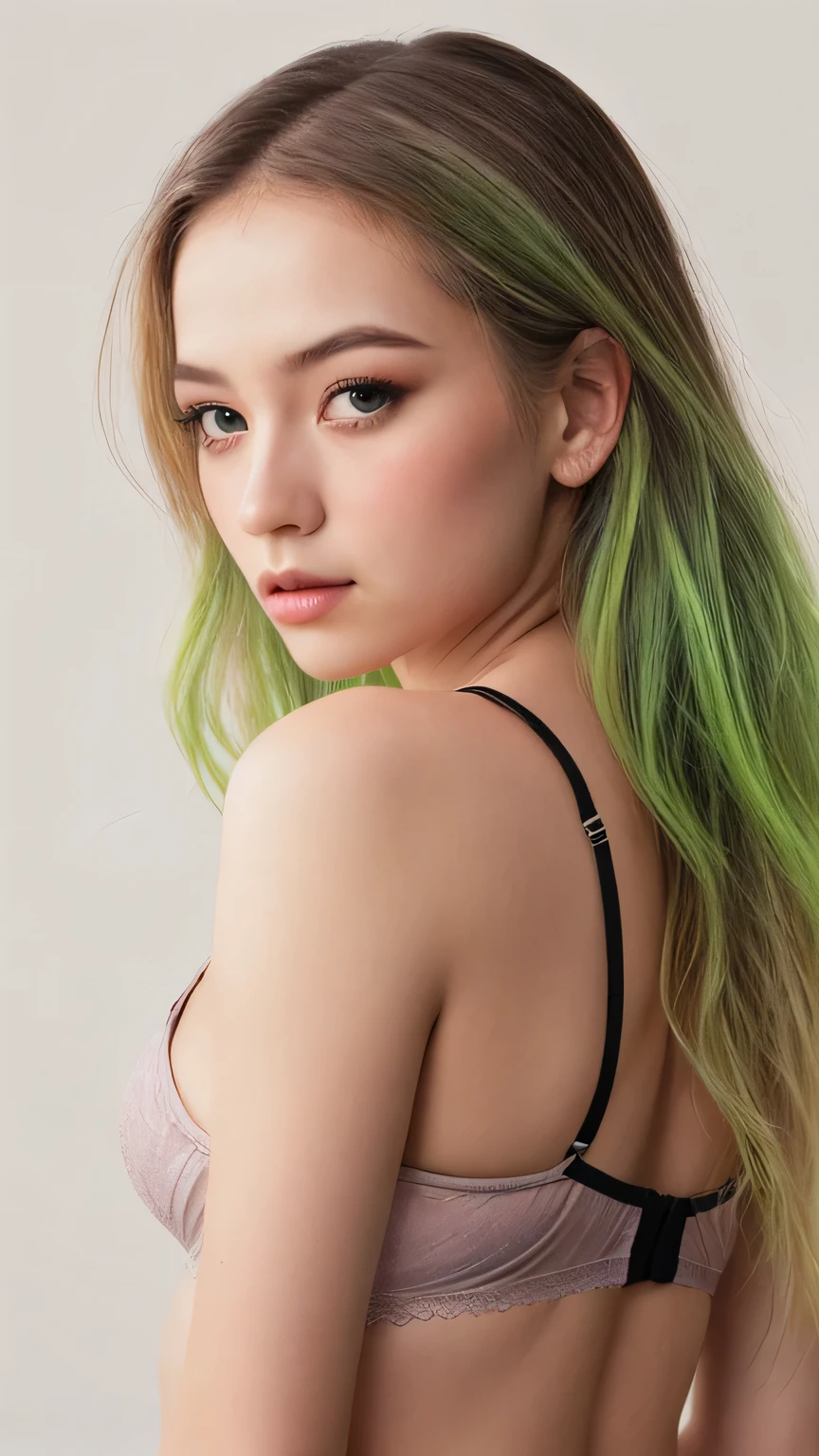 pink,tail,green,color hair,(((8K, Raw photography, masterpiece, Top quality, realistic photo:1.4, Ultra detailed:1.5, Focus on the eyes))), ((beautifull detailed face, Natural skin)), 1girl, solo, full body shot, standing, direct gaze, looking at viewer, (A beautiful 20-year-old Eurasian girl:1.3), mixed Asian and European heritage, 165cm tall, well-proportioned supermodel body, big breast, big hip, flawless natural white skin, (small oval Asian face:1.2), Sharp and intelligent large expressive brown eyes, delicate Japanese-style nose and lips, natural rosy pink cheeks and lips with a healthy glow, (long hair reaching mid-back:1.1), straight hair, with glowing green highlights at the tips,
wearing a simple and clean plain white lingerie set (bra and panties), standing straight in a neutral pose, against a plain grey studio background, soft studio lighting.