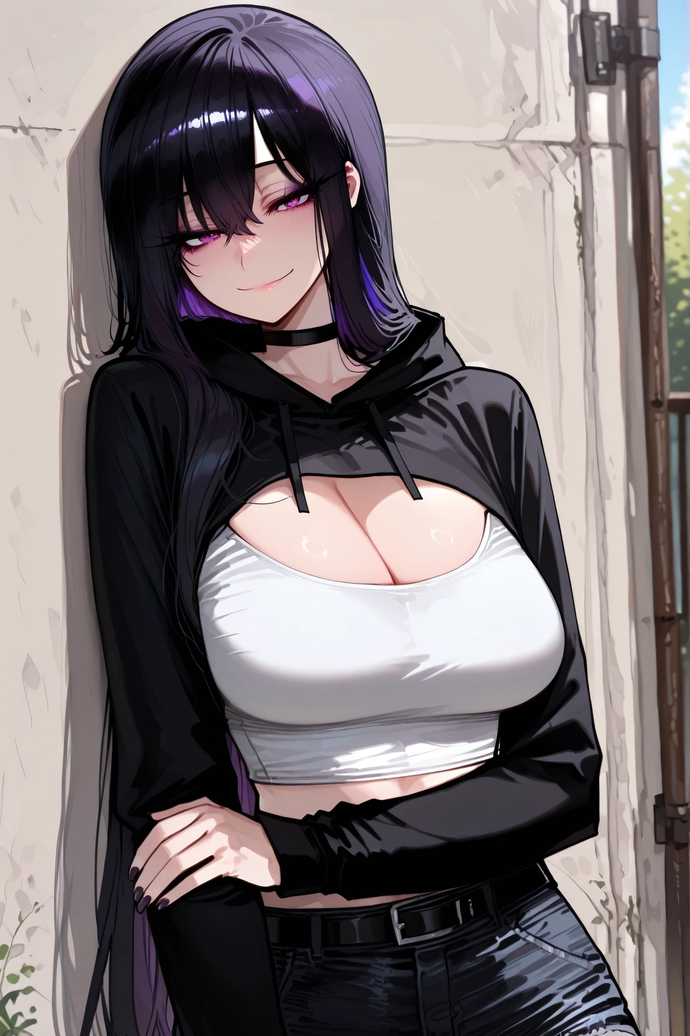 1girl, solo, anime girl, onee-san, masterpiece, aesthetic, very long hair, black hair, no hairpin, purple eyes, sharp eye outlines, long eyelashes, small smile, makeup, big breasts, black cropped hoodie, white crop top, cleavage, black denim shorts, black belt, black choker, polished nails, close up, arm crossed, soft skin, volume light, depth of field, behind a wall, leaning on wall, daytime, high detail, highres, detailed eyes, perfect eyes, perfecteyes, perfect composition, intricate details, detailed and polished anime style, detailed hand, perfect hand, {{five anatomically accurate fingers}}, 4K, 8K, r4t4_illu.