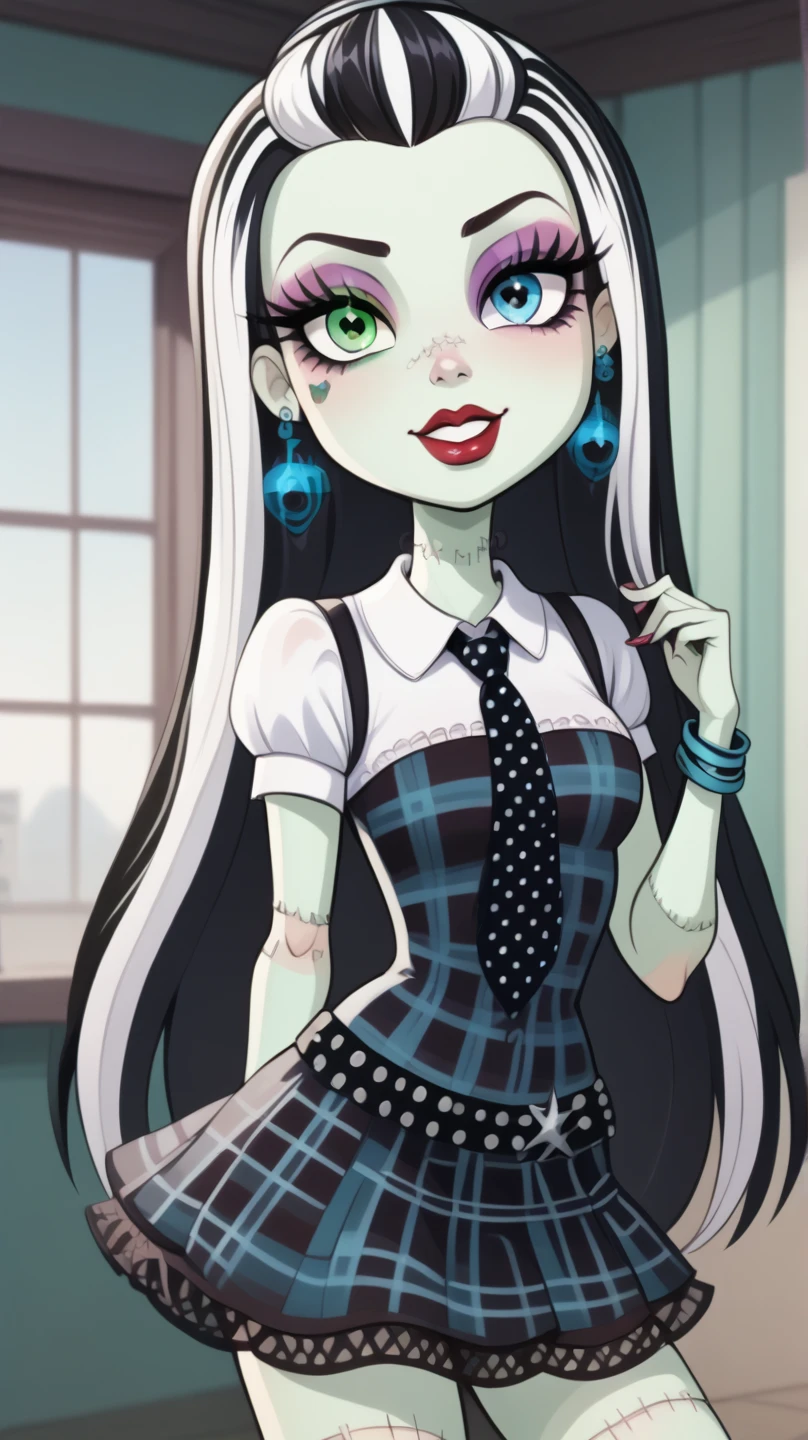 score_9, score_8_up, score_8, medium breasts, (curvy), cute, eyelashes,       BREAK, , zzGhoulia, zombie, long hair, blue hair, glasses, colored skin, blue eyes, very long hair,  jewelry, hairband, earrings, makeup, lipstick, striped, necklace, red pants, fishnets,  <lora:Ghoulia_MH_PDXL:0.8>,  , BREAK, closed mouth, alternate costume, smile, looking at viewer, collared shirt, blush, sweater, black skirt, eyelashes, long sleeves, sleeves past wrists, plaid skirt, shoulder bag, black bag, blurry, tile floor, pleated skirt, white shirt, cowboy shot, ,,, embedding:zPDXL, Expressiveh, ,,, <lora:Vivid:0.7>, <lora:Uncensored_PonyXL_cpt_v02.09:0.4>, <lora:Expressive_H-000001:0.4>,