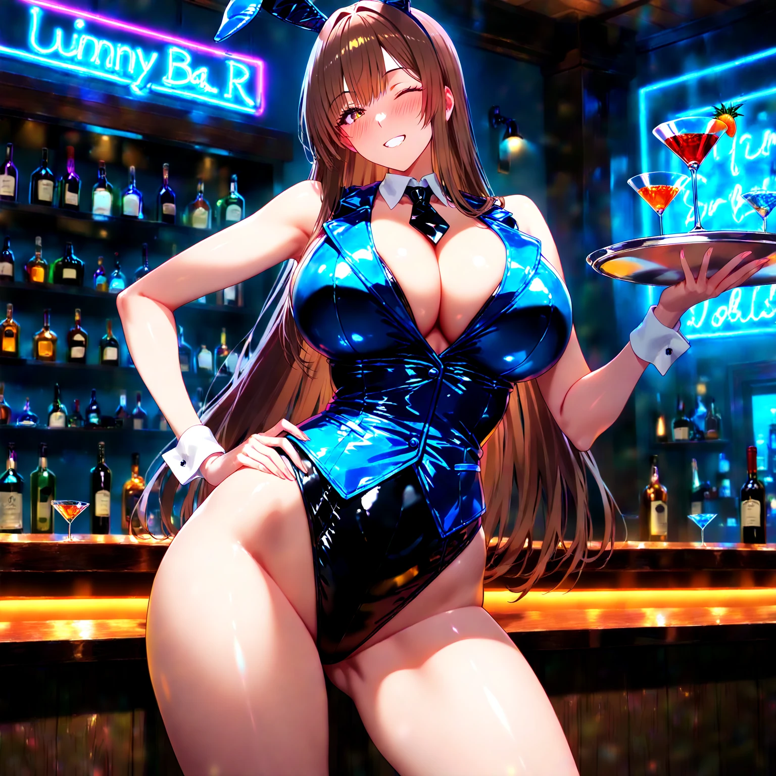 score_9, score_8_up, score_7_up, ASCII masterpiece, source_anime, BREAK, 1girl, solo, (( <lora:cho_mi-kyung:1> , cho_mi-kyung, thin waist, wide , beautiful skin, beautiful brown eyes, clear eyes, bright pupils, beautiful eyes, beautiful brown hair, huge and shaggy , natural beauty, extraordinary beautiful woman, attractive woman, super  woman,  body,  woman with   body, sensual body, voluptuous body,  beauty, most beautiful milf, no piercings, no piercing, makeup, )),  cleavage, uncensored, rare view, (( red playboy  cosplay, black pantyhose, red fake  ears, red bowtie, white cuffs, white furry fake bunnytail, single hair braid with dark blue scarf, hair over shoulder, )) , indoors, shiny clothes, shiny skin, bar, nightclub, classy decorations, cowboy shot, from above, looking at viewer, hands behind back, (detailed face, detailed eyes), delicate features, soft lighting, seducative smile, cute and , very detailed, high detailed texture,