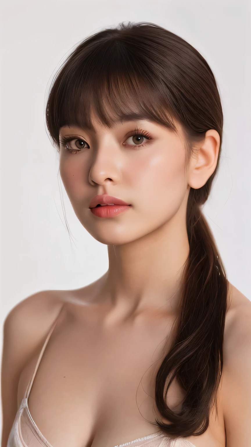 color hair,curly,tail,bob cut,pink,purple,green,(((8K, Raw photography, masterpiece, Top quality, realistic photo:1.4, Ultra detailed:1.5, Focus on the eyes))), ((beautifull detailed face, Natural skin)), 1girl, solo, full body shot, standing, direct gaze, looking at viewer, (A beautiful 20-year-old Eurasian girl:1.3), mixed Asian and European heritage, 165cm tall, well-proportioned supermodel body, big breast, big hip, flawless natural white skin, (small oval Asian face:1.2), Sharp and intelligent large expressive brown eyes, delicate Japanese-style nose and lips, natural rosy pink cheeks and lips with a healthy glow, (long hair reaching mid-back:1.1), straight hair, with glowing green highlights at the tips,
wearing a simple and clean plain white lingerie set (bra and panties), standing straight in a neutral pose, against a plain grey studio background, soft studio lighting.