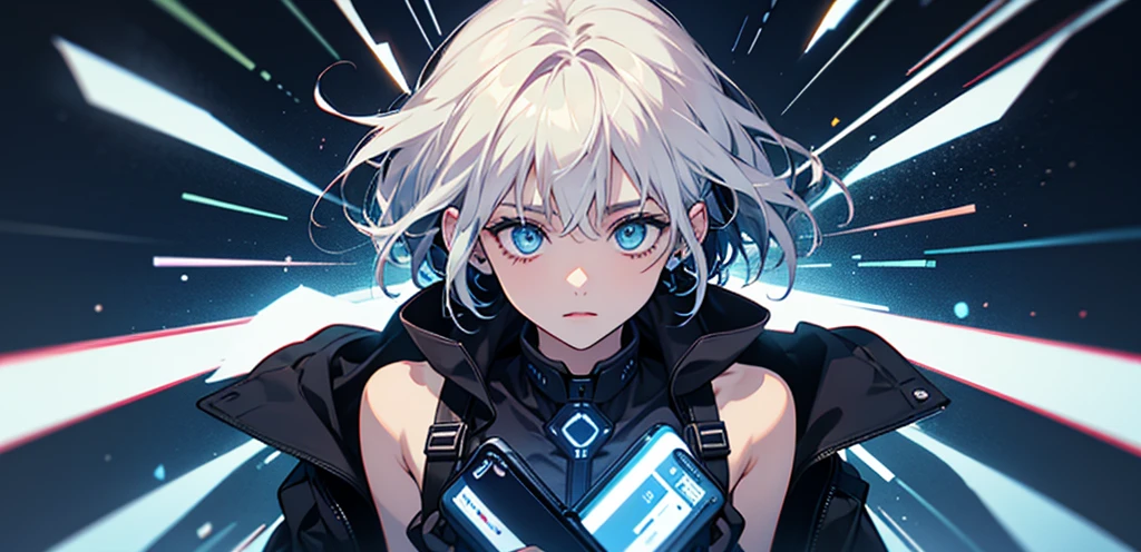 beautiful, masterpiece, Highest quality, anime, One girl, C Cup,Portrait Shot, View your viewers, Covered、Short Hair、nearby、Blue Eyes、art、、White hair,Blue streaked hair、wallpaper、hairpin、Cute smile、Sci-fi hair accessories、Sci-fi knee-high boots、Cute、Sci-fi body stockings、blue sky、Sci-fi body 