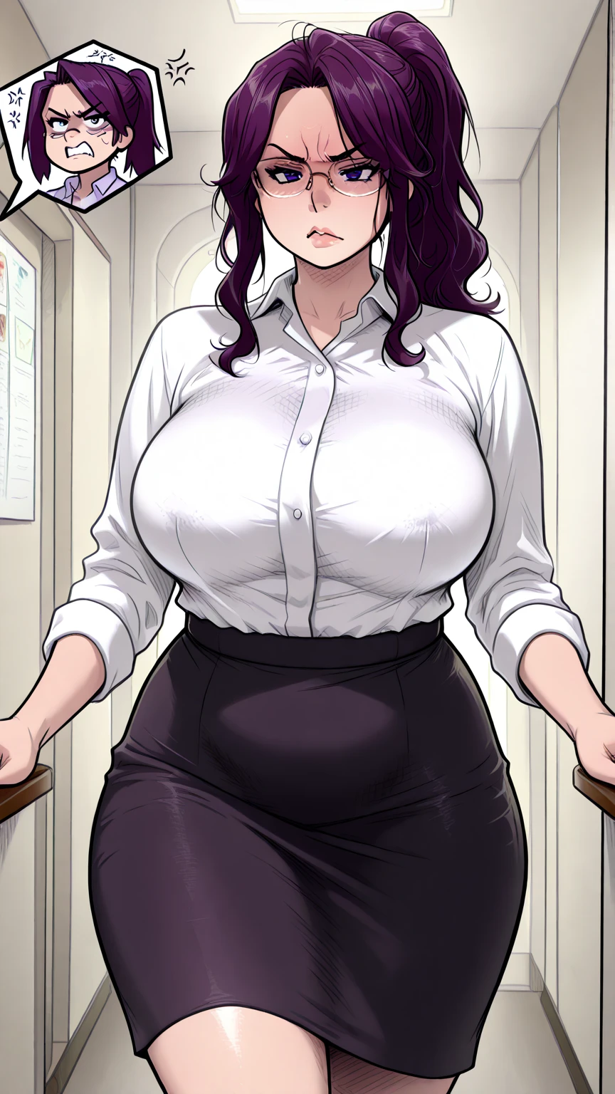 Milf secretary, black curly hair, curvy, pale skin with freckles, white button down shirt, black dress pants, worried face, blushing cheeks, stage inside tight elevator