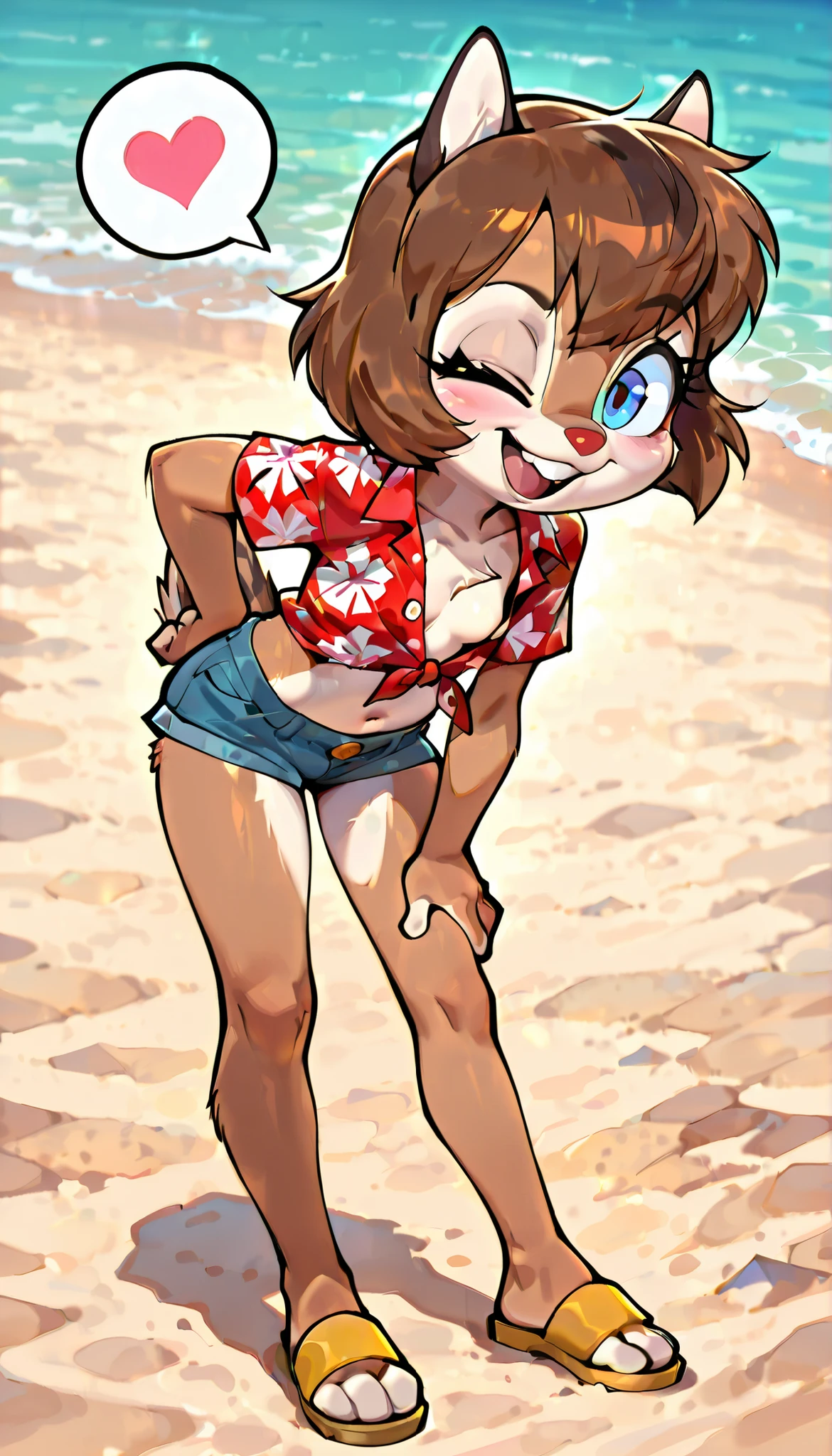 score_9, score_8_up, score_7_up, score_6_up,, hi_res, furry_source, absurdres, masterpiece, best quality, amazing quality, Chip'n Dale Rescue Rangers, 1girl, solo, alone, Femdale, furry, anthro, chipmunk girl, brown fur, blue eyes, chipmunk tail, red nose, brown hair, short hair, bangs, short body, short stature, ((red hawaiian shirt, claveage, one button fastened, denim shorts, sandals)), small breasts, navel, (very skinny:1.0), (Small, Short:1.1), (young cub:1.2), full body, feets with three toes, spread buckteeth, beach background, adorable pose, one leg up, standing, spoken heart, smile, open mouth, wink, one eye closed, leaning forward, seductive stare,