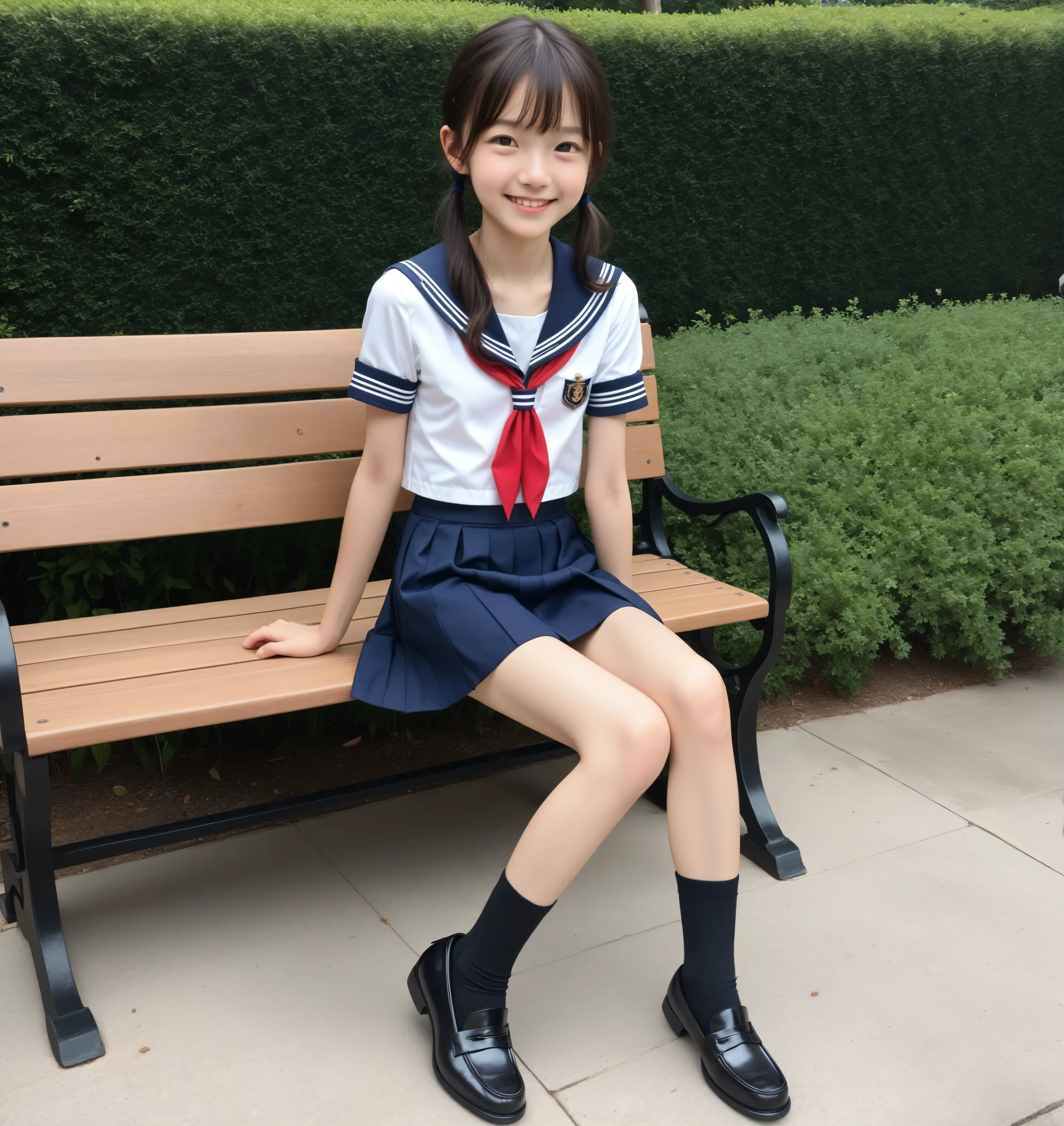 score_9, score_8_up , score_7_up , Realistic, Picture, detailed face and eyes, detailed skin,cute girl with detailed and round eyes, sailor suit cosplay , navy knee-length skirt visible when closed,20 years old,cute girl with detailed and round eyes,masterpiece,4K,8k,16 kg,(:1.5),Hair tie, sitting on a park bench , very skinny ,(slender:1.5),(skinny:1.3),(:1.2),(younger:1.5), Small buttocks, thin thighs, slender body,black socks, black loafers,You can see , small breasts,skinny,slender,short,slender body,younger,かわいいyounger女の子,narrow shoulder width, Realistic , Japanese