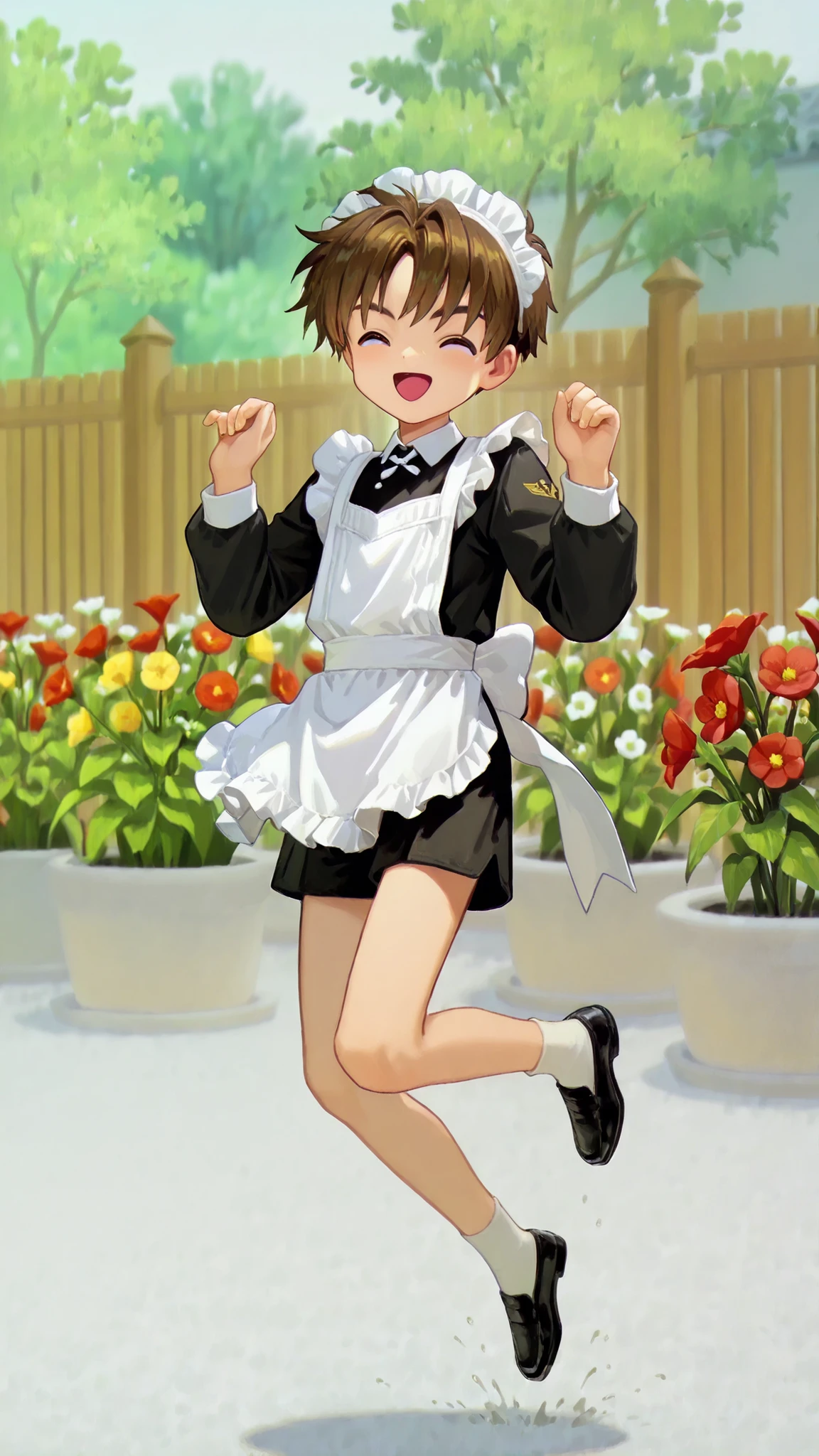 ((Li Xiaoran)), 1 boy, solo, (brown eyes, brown hair), (shota), (cute), (happy expression, closed eyes), open mouth, smile, short maid outfit, bare legs, socks, black shoes, (jumping pose), outdoors, garden with various flowers in bloom, low white wooden fence, (detailed background, slightly blurred background),