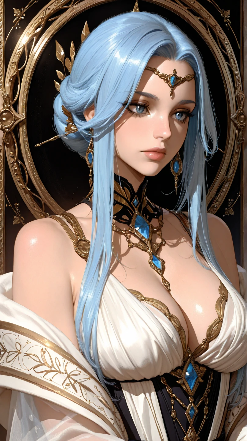 Marble statue of the goddess of the moon, monochromatic statue, Non-biological, robe, long hair, delicate hair, masterpiece, very delicate, very detailed, Artistic, Sculptural works, Spotlight, high contrast, Light bulb color lighting, highest quality, Highest image quality