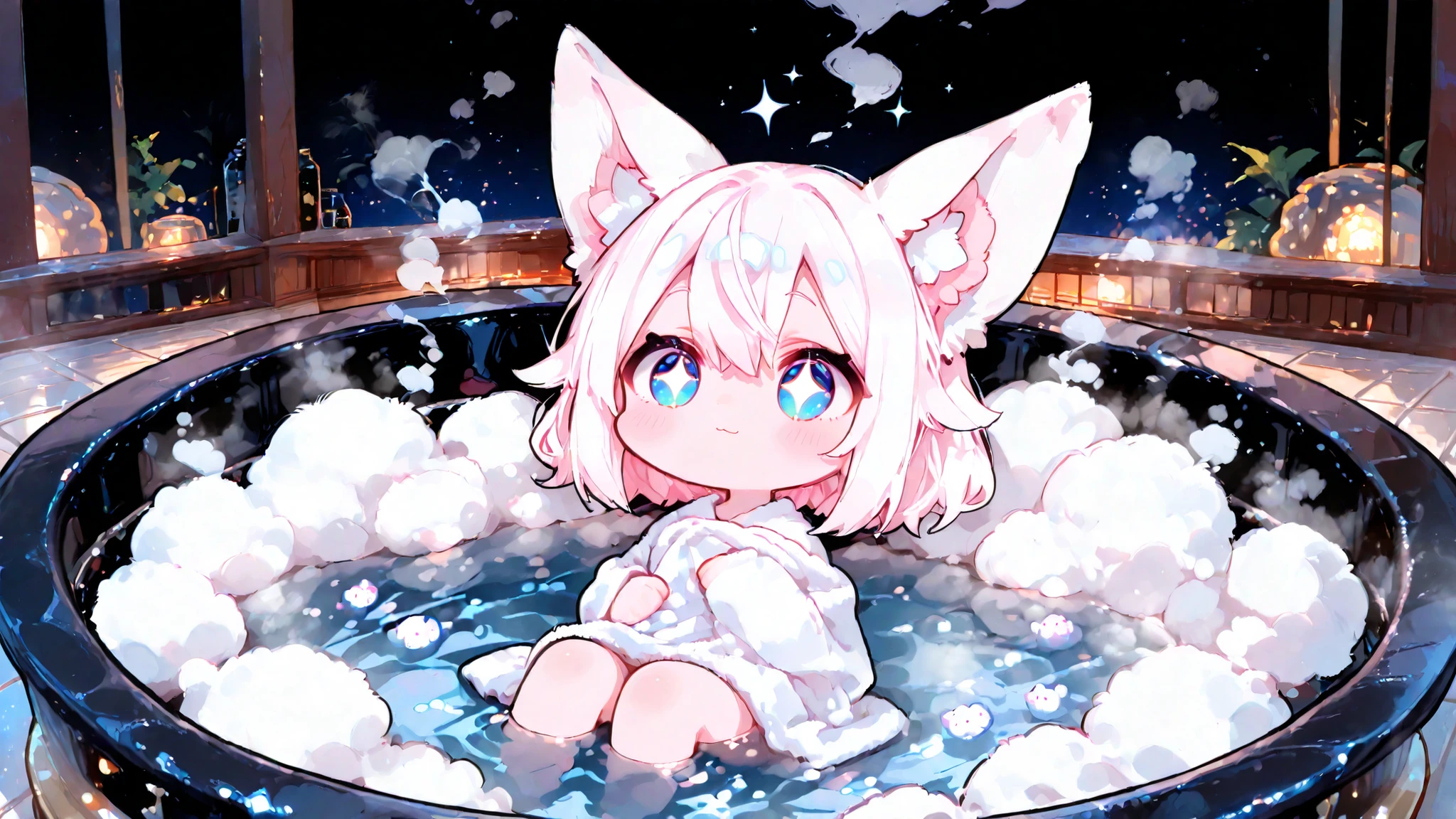 masterpiece, Super Detailed, Exquisite Details, Anime Chibi, 3:4 Views, chibi anime style, ふわふわの耳を持つ愛らしいちび狐の女の子, sitting in a tiny hot spring bathtub , Adorable chibi fox girl with fluffy ears wrapped in an oversized towel , Steam Rising, big sparkly eyes, kawaii Anime Chibi,