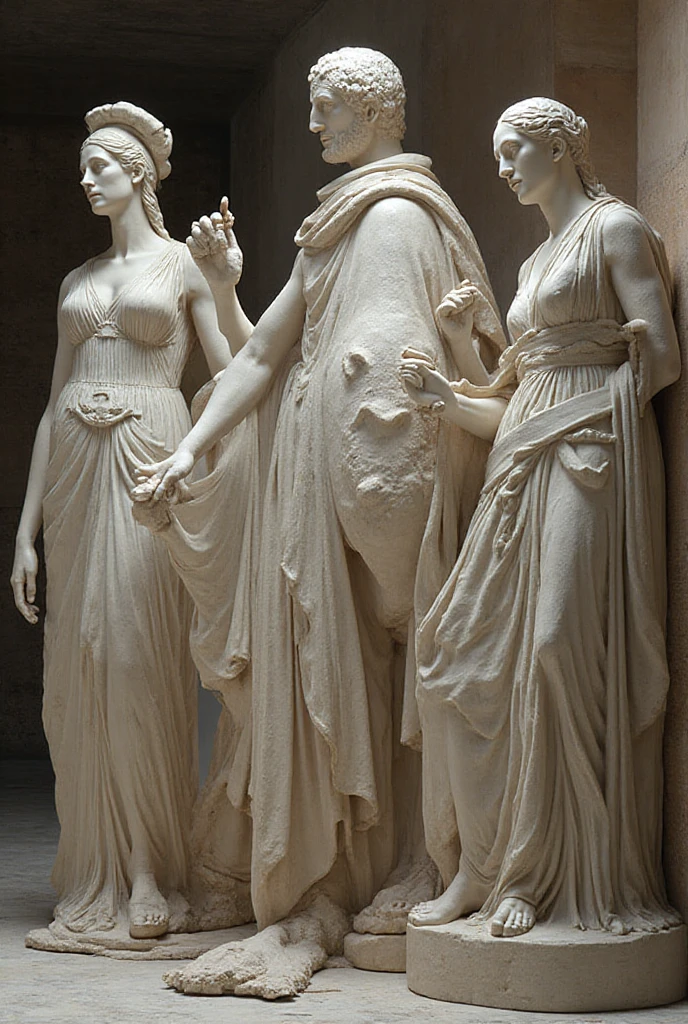 white marble statues of  women posing in the garden