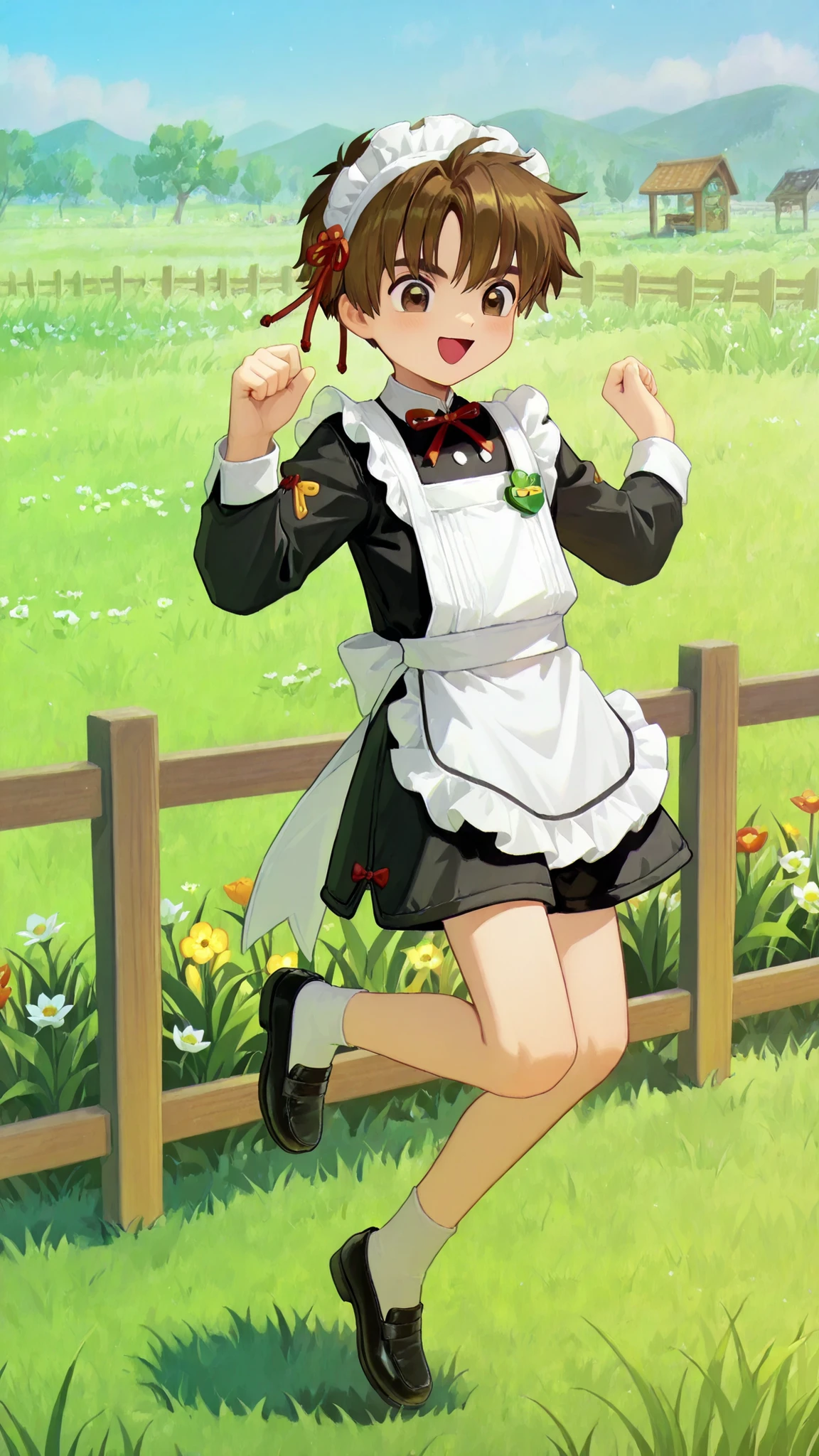 ((Li Xiaoran)), 1 boy, solo, (brown eyes, brown hair), (shota), (cute), (happy expression), open mouth, smile, short maid outfit, bare legs, socks, black shoes, (jumping pose), outdoors, grassy garden with various flowers in bloom, low white wooden fence, grass, (detailed background),