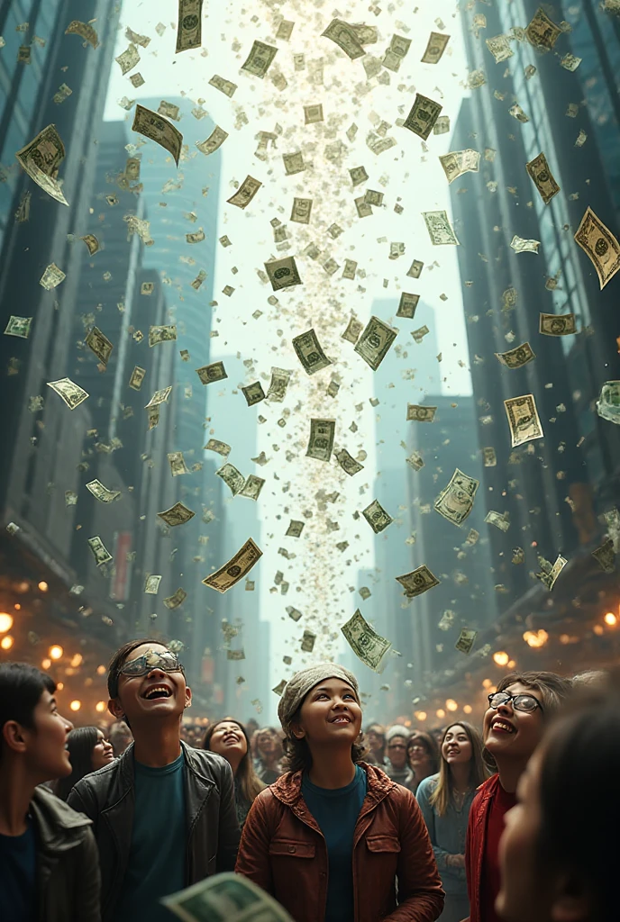 ten large gold coins scattered around the image, people have fun in a lush garden among plants and flowers (Dave Mckean inspired art, intricate details, oil painting)
