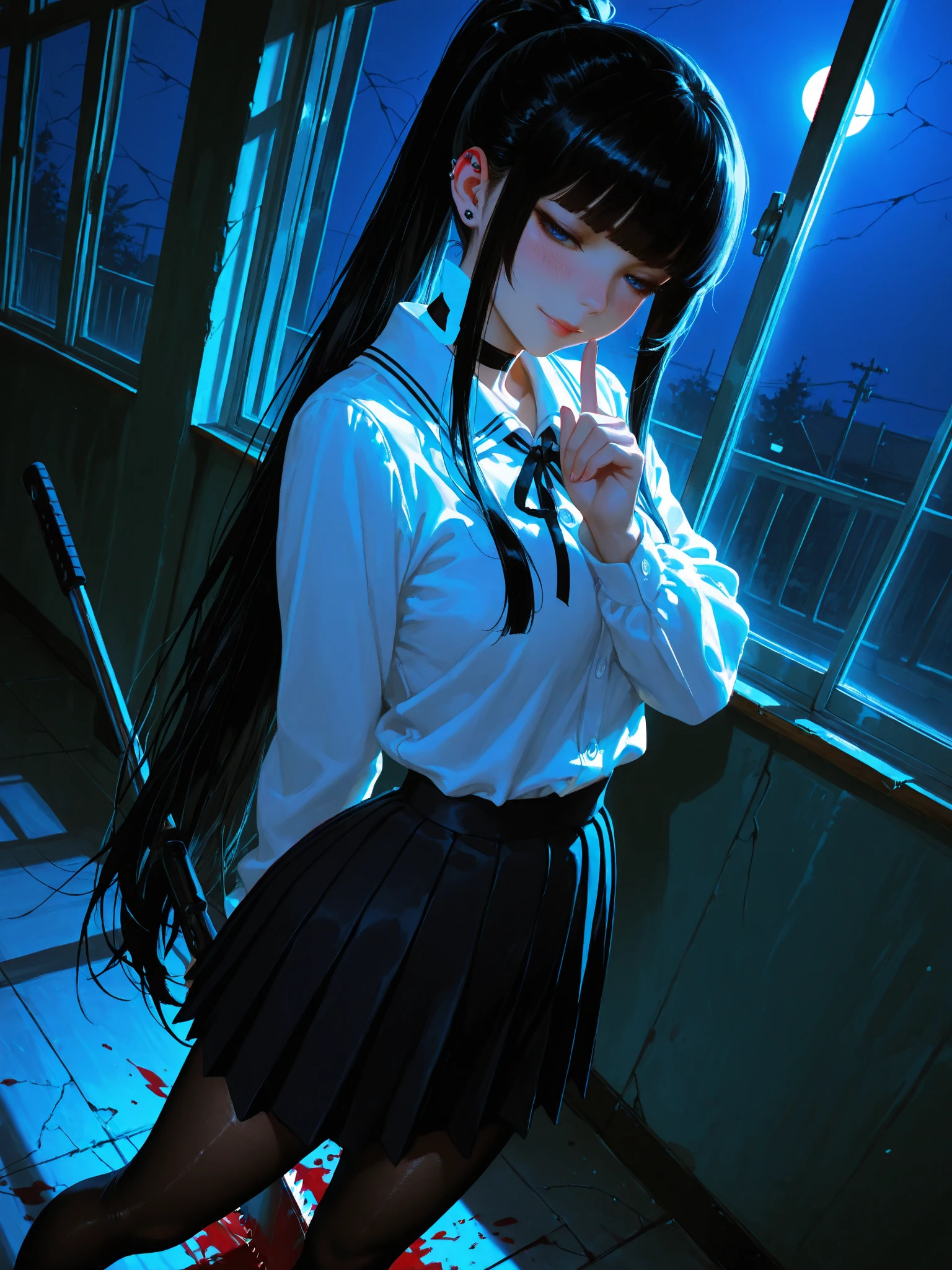 Perfect ,(8K, Highest quality, masterpiece:1.2),\(Beautiful Eyes\),\( Features\),(\(Costume details Details\)\),(Big Lesbians , Super Skirt,Sailor Moon Costume,(Face Focus) ,Very detailedな CG Unity 8K 壁紙,Large file size,Very detailed,High resolution,Absurd,Beautiful Eyes,Ray Tracing,Dramatic Shadows,Down to the last detail,elevation,Hyper Detail,(alone),Anime Style、Very long straight hair、Black Hair、Black sailor collar、Black Absolute Short Mini Scarbow Gloves、(In the research evil facility:1.3),(full body:1.5),(evil smile:1.5),