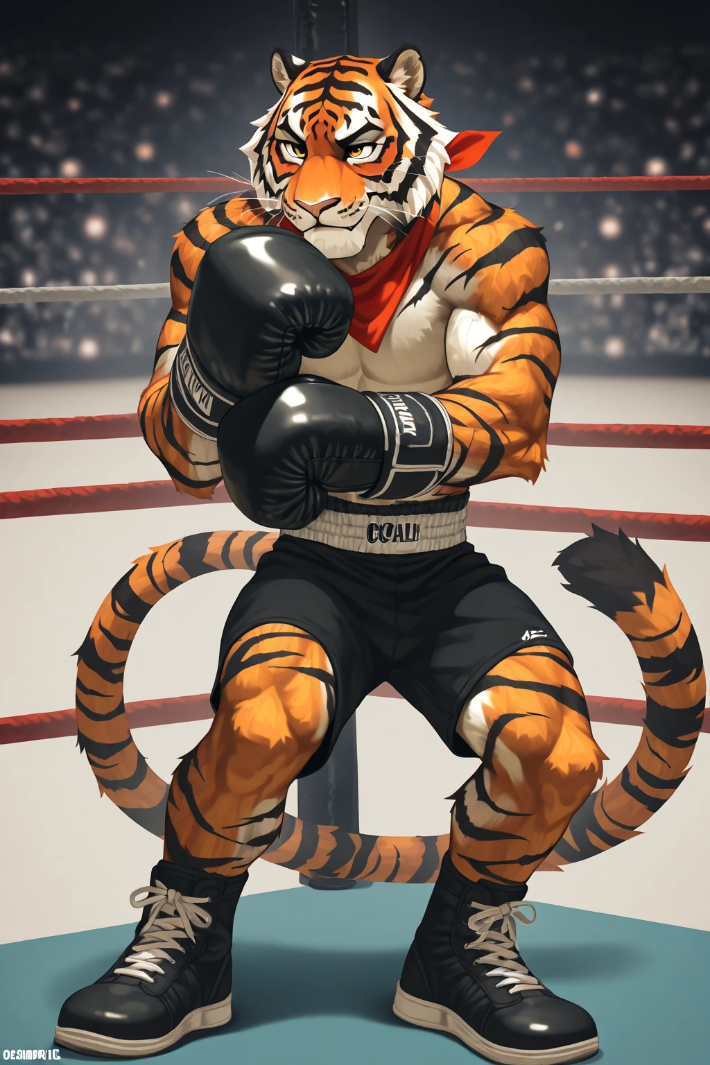 anthro, correct , bodily fluids, fur, bulge, blue shorts,  torso, looking at viewer, (collapsed and bent down), male, multicolored body, multicolored fur, muscular, (musk clouds:1.2), navel, (hard breathing, tongue out), solo, two tone body, two tone fur, by Pixelsketcher, by Bayard Wu, by Thomas Benjamin Kennington , by Einshelm, by Chunie,, (lin hu:1.1), (exhausted, sweat, bruised:1.4), in the boxing ring, (boxing gloves, beaten down, swollen cheek:1.4)