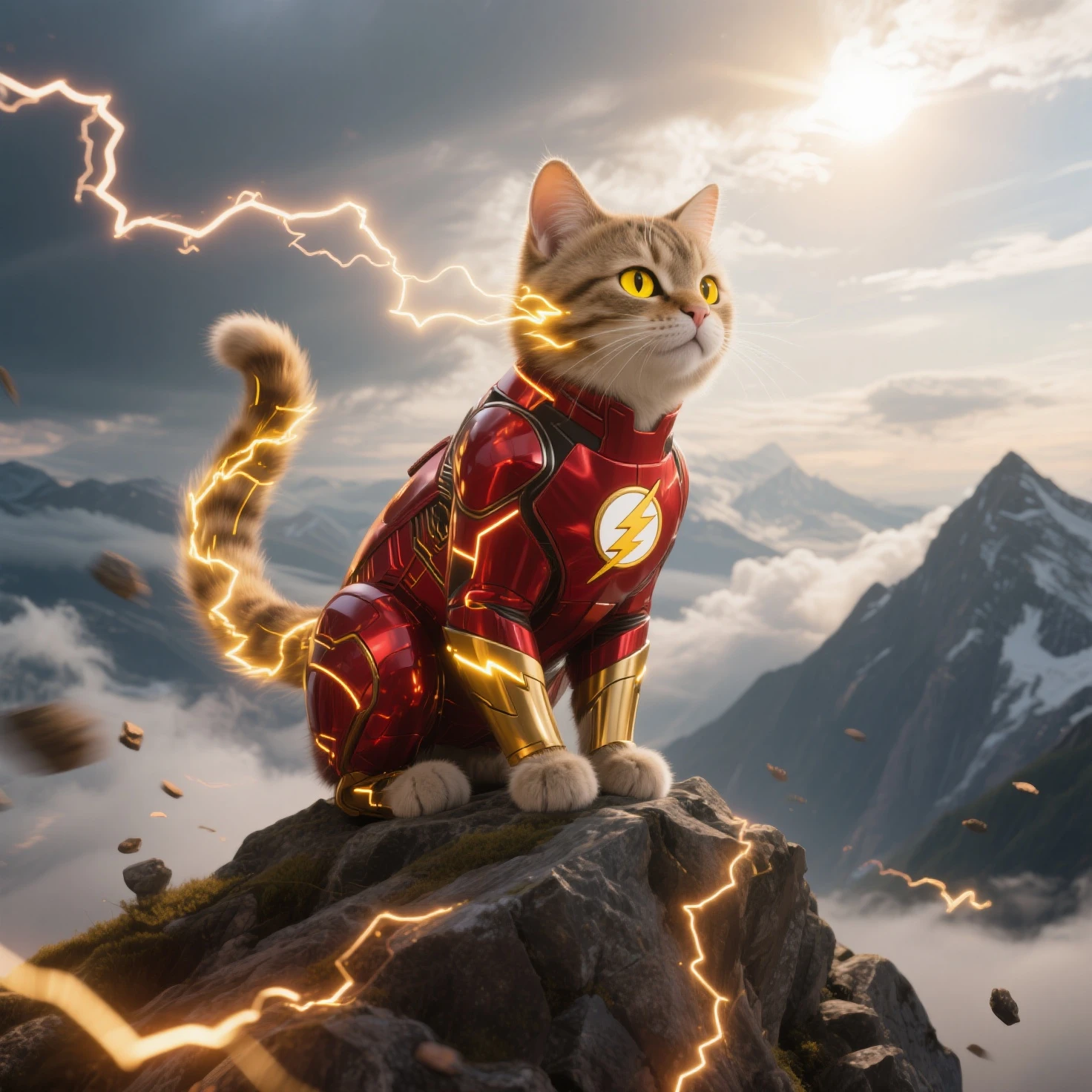 small, There are no humans in this world、The world of anthropomorphized cats、Iron Man suit mark５０Wear、かわいいbornき物全身, Costumes,、 Fantasy art, Exquisite detail, An anthropomorphic, fat, furry tabby kitten with yellow eyes, Movie Scenes, Dramatic shot angles, , Realistic, born々Amazing cinematic photorealism, Action Portrait, 8K, detailed, Full Frame