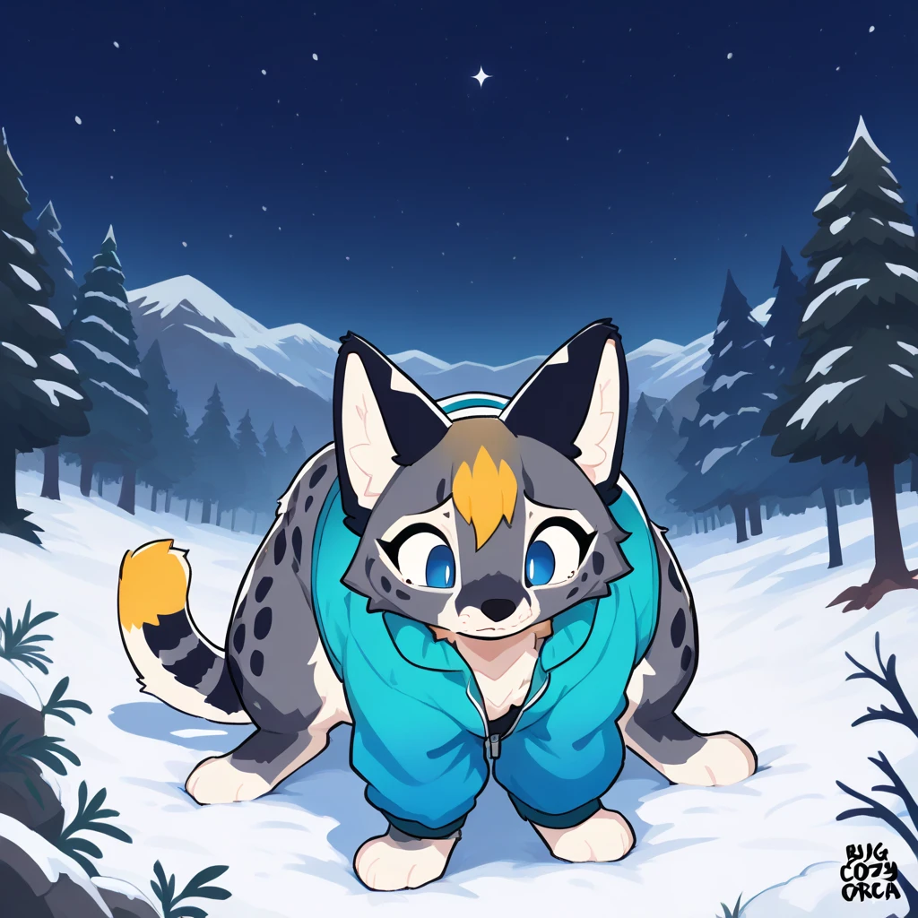 adult, feline, mammal, anthro, anthromorphic, snow, leopard, striped_feline, fur, furred_anthro, fluffy_tail. femboy, male, bangs, ear_tufts, blue_nose, blue_fingers, hair_tuft, hair_between_eyes, short_tail, fluffy, feline_ears, expressive_eyes, purple_hair, light looking_at_viewer, legs, legs_visible, thighs, blue_paws, blue_fur, shy, small_pupils, spotted_pattern, stripes, tail, tail_connected_to_body tiger_stripes, digital_art, high_resolution, high_res, tealblue_background fit, posing, laying_down