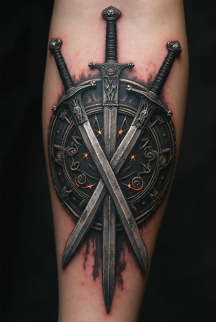 Imagine a tattoo on your arm, portraying a perjurer paladin. The design occupies the entire forearm, starting at the wrist and extending to the elbow. 

At the top, close to the elbow, is the paladin's face, half covered by helmet, with dark and empty eyes, betraying the corruption of your soul. Fine details show cracks in the helmet and an expression of sadness or anger. 

Down the arm, your full armor is detailed, with cracks and bloodstains. The right hand holds a broadsword, his blade decorated with broken symbols and shrouded in a dark aura. Shadows seem to move around the sword, reinforcing the idea of betrayal.

The background of the tattoo shows a scene of destruction, with ruins of a temple or a devastated battlefield. small details, like broken coats of arms or torn banners, add depth and story to the scene.

The art is done in a realistic style, with intense shading to give depth and a sinister touch, reflecting the decadence and betrayal of the perjurer paladin.