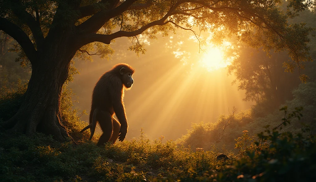 Lush green jungle with towering trees, vibrant plants, and a misty ambiance. A large fallen tree is lying diagonally, and an orangutan is perched on top of it, observing its surroundings. The scene is filled with details like hanging vines, glowing beams of sunlight, and distant sounds of tropical wildlife.