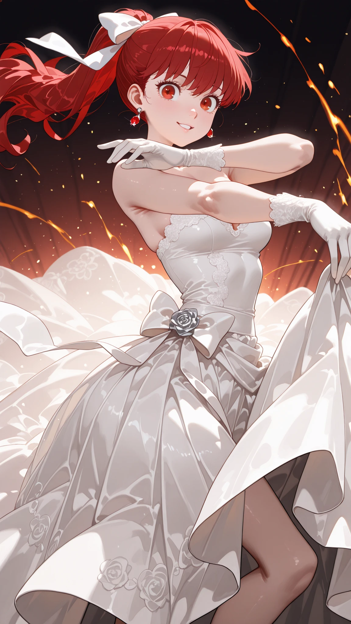 Photorealistic:1.5,(Draped dress:1.6,)volumetric lighting on school uniforms,shape hard-edged:1.3,(eyes Reflection:1.5),(big 瞳孔 eyes:1.7),Sparking big eyes:1.2,赤い髪,(detail Beautiful eyes:1.5),parted lips:1.2,Happy Light Smile,Beautiful red eyes,,Rich color  ,Glow effect,((White lace wedding dress:1.9)),cinematic writing,((Skirt Dance     :1.4)),((detail rose lace:1.9)),((You can see the white ribbon below:1.4)),white gloves:1.4,smooth texture from outside Europe,(赤い髪:1.7),throw,Skirt Dance     ,on a pasture at night, red eyes,bang,赤い髪, (highponytail:1.4),(ponytail:1.7),(red Jewel Silver earring:1.6),  prism:1.6,最High Quality, High Quality, very aesthetic, very high resolution,Newest, Slender:1.7,((beautiful woman taking off plastic)),((((low contrast:1.2))),Volume Light:1.6,one-piece dress:1.6,BREAK,detail hands:1.2,Carrying a mask:1.6,Cleavage:1.2