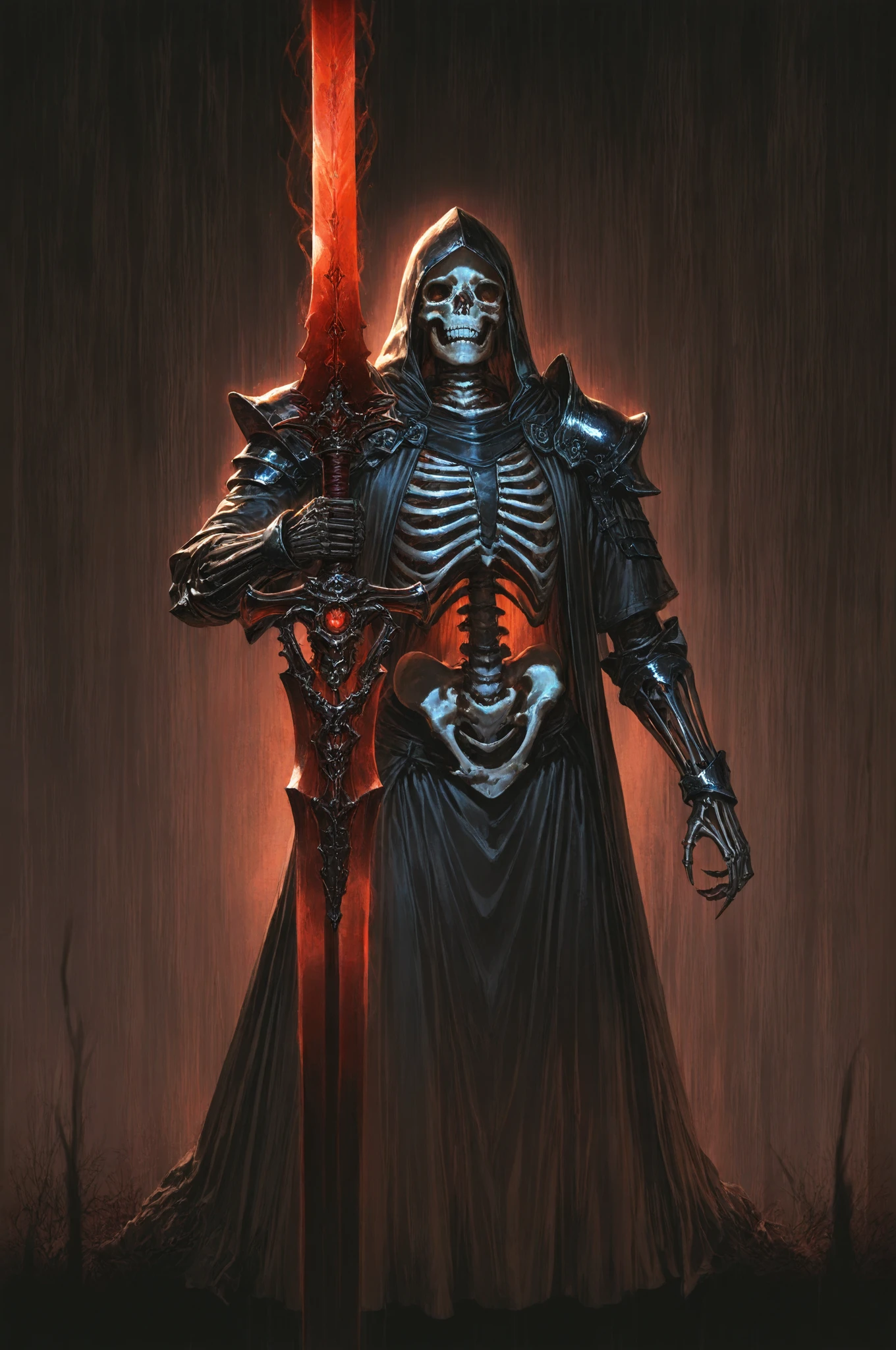 Skeleton Dark Knight,Highly Detailed Skeleton Armor,Armoured,Holding a long sword :1.2,Dramatic Red Backlight,Gothic Cyberpunk Style,Photo Quality,HDR,high resolution,perfect detail,realistic texture,Impressive lighting,Shining in the Dark,fantastic atmosphere,Deep Shadow,Graceful Posture,exquisitely crafted  
[-BR-Skeleton Style]
