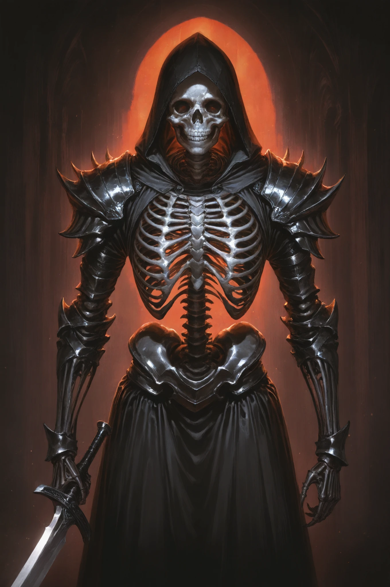 Skeleton Dark Knight,Highly Detailed Skeleton Armor,Armoured,Holding a long sword :1.2,Dramatic Red Backlit,Gothic Cyberpunk Style,Photo Quality,HDR,high resolution,perfect detail,realistic texture,Impressive lighting,Shining in the Dark,fantastic atmosphere,Deep Shadow,Graceful Posture,exquisitely crafted  
[-BR-Skeleton Style]