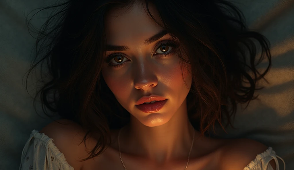 (((ultra realistic))) Photo, masterpiece, top quality, (pale skin), (Ultra detailed face and eyes:1.3), 1 girl, Adult, in a T-shirt, (Eye makeup, mascara) , ((large detailed lips)), ((Dark wavy hair)), ((Chyolka)) , (Natural ), Slim waist. ((Posing)), photoshoot, studio (soft lighting), (The play of light and shadows), depth of field, bokeh, (special attention to skin detail: 1.2), Detailed leather texture, skin pores. (Warm atmosphere of the frame. Color range - black, purple, Pink, blue tones), UDR, ((Film grain)), ((rays)), ((glare of the sun)), ((Photo to the waist, close to the camera)) , ultra detialed, 