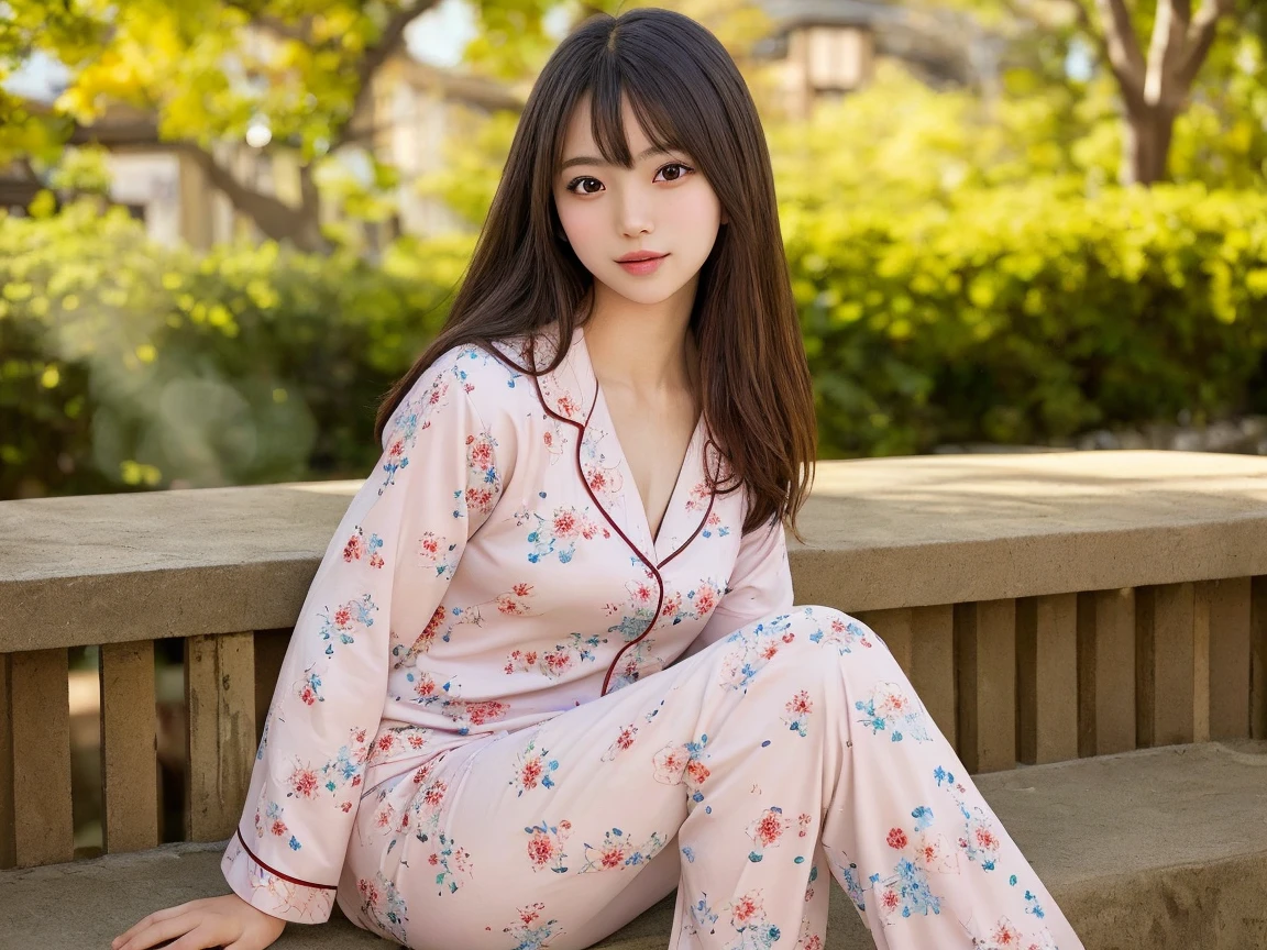 in a bedroom with a bed, (Pink Theme:1.4), (tucked tweed pajamas:1.3), (Long sleeve:1.2), (long :1.3), ( legs:1.2), bangss、s lips、without makeup、short eyelashes、watching at viewers、A smile、Photorealsitic、high-level image quality、masutepiece, Best Quality, 8K, Beautie、Fine details