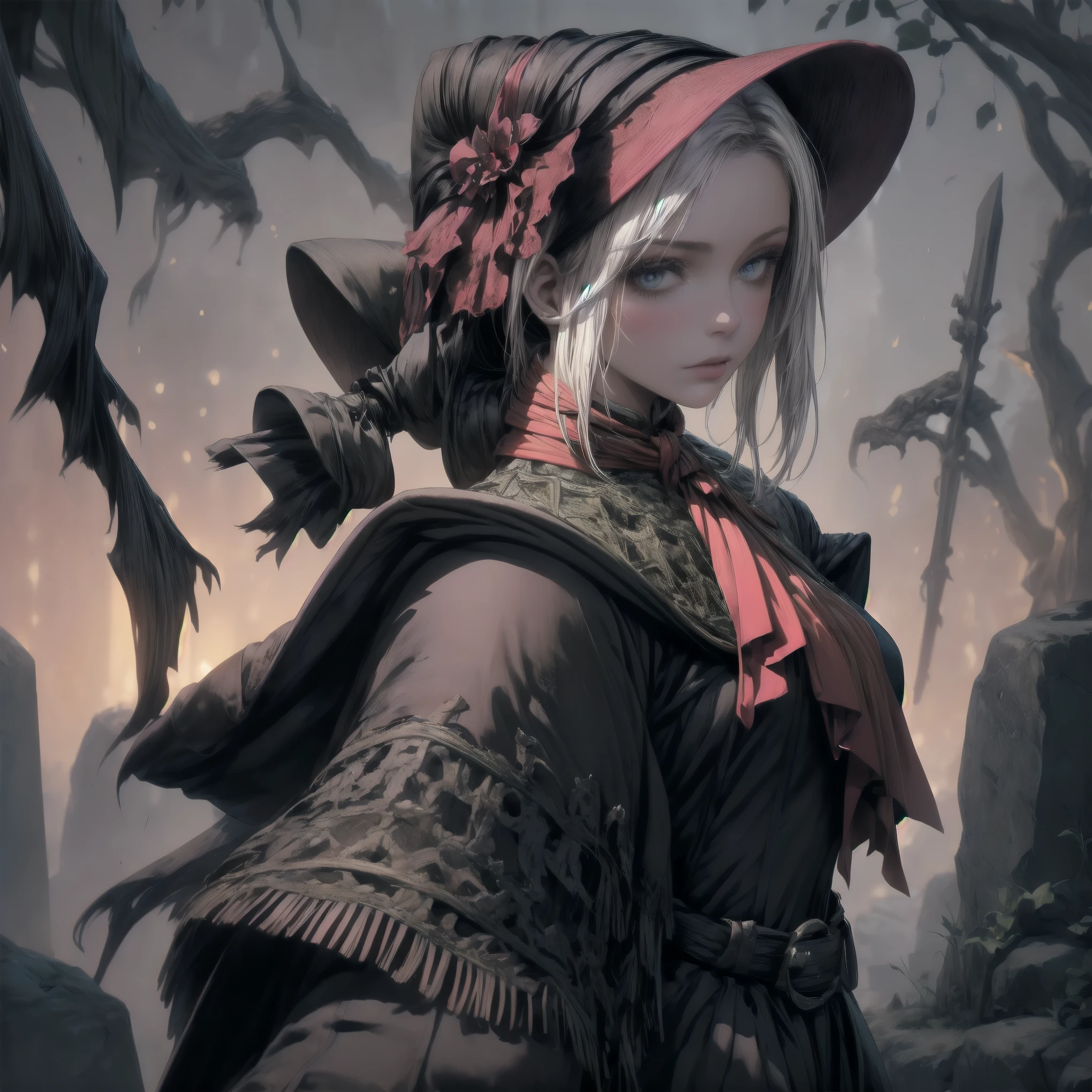 plaindoll, white hair, doll joints, bonnet, brown cloak, long dress, red ascot, 1 girl, solo, anatomically accurate ratio, the girl looks directly at the viewer, the girl is very beautiful, the girl has an incredibly beautiful face, angelic beauty face, the girl stands quietly. The atmosphere is mystical and mysterious. In the background, there is an evening landscape with a full moon, which illuminates a gloomy garden with overgrown stone tombstones. The silhouettes of trees and an old building with Gothic elements add to the sense of mystery and danger. In the foreground, there are rocks with a kerosene lantern, which adds details and emphasizes the atmosphere of an old world. Detailed background, vibrant, very aesthetic.