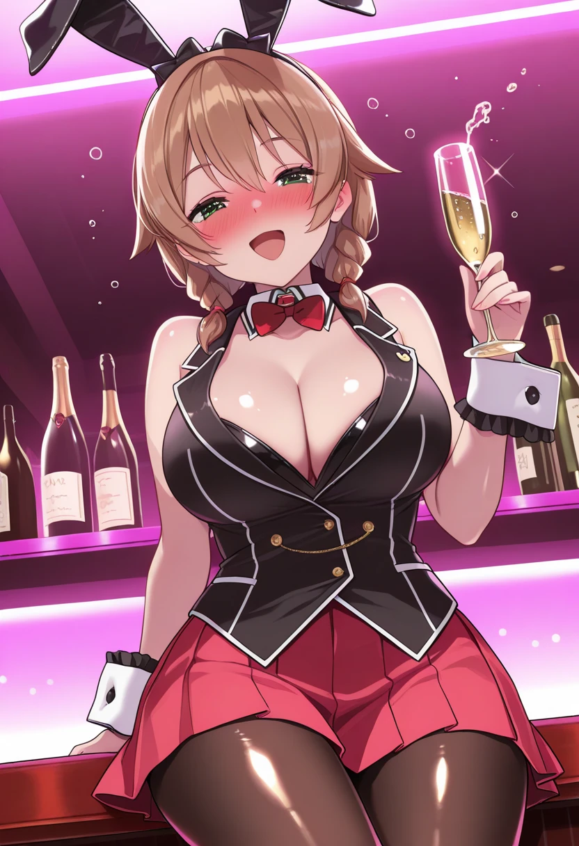 (masterpiece, best quality),
1girl, standing, (from below:1.2), lower body, above the ankle,

BREAK girl, 20yo, loli, (????????????:1.0), , (wavy hair:1.2), (hair between eyes:0.8),
sleepy, heavy breathing, smile, looking down,
BRAAK playboy bunny, (red leotard:1.4), (shiny bunny ears headband:1.2), (metal chrome leotard:1.2) with pantyhose, detached collar, wrist cuffs, (deep black pantyhose:1.2),
nightclub, lounge, sparkle, powder light,