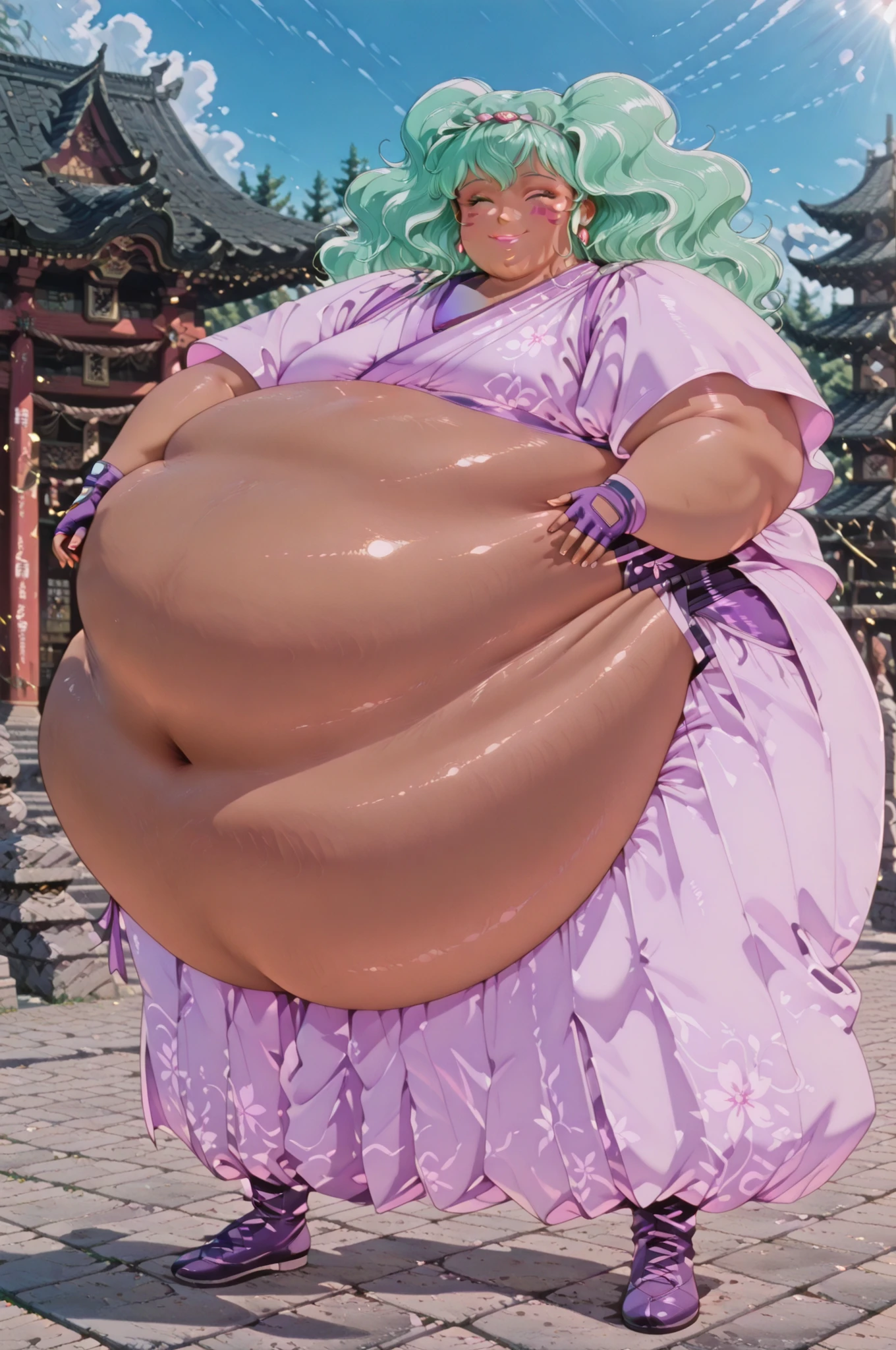 1girl, solo, masterpiece, best quality,lakshu, retro art style, 1980s \(style\), green eyes, green hair, long hair, dark skin, short sleeves, Japanese clothes, fingerless gloves,lips,purple skirt,facial mark,hakama skirt, purple gloves, purple kimono, purple hakama,facepaint,hyper pregnancy, hyper fat, hyper obese, full body, smile, outdoors, temple, meditating, action pose, dynamic angle