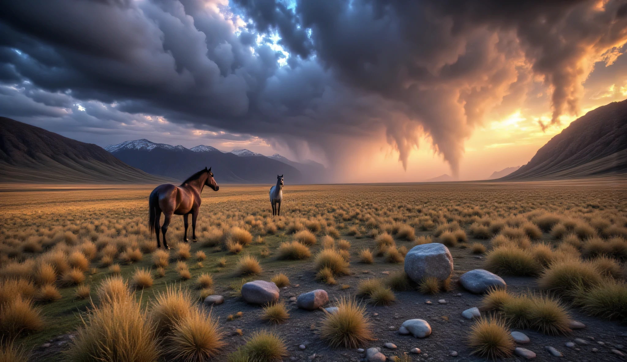 a endless grass steppe stretching toward distant mountains, dramatic storm clouds gathering overhead illuminated by scattered sunlight breaking through, golden and emerald tones of tall grass bending in wind, extreme realism in individual grass blades and dew drops reflecting ambient light, faint dust rising from horizon enhancing atmospheric depth, wild horses visible in distance adding sense of scale, cinematic aerial composition capturing the immensity of untouched landscape, perfect color balance between warm sunlight and cool shadows, photographic perfection with extraordinary depth of field, Hyperrealistic 8K HDR