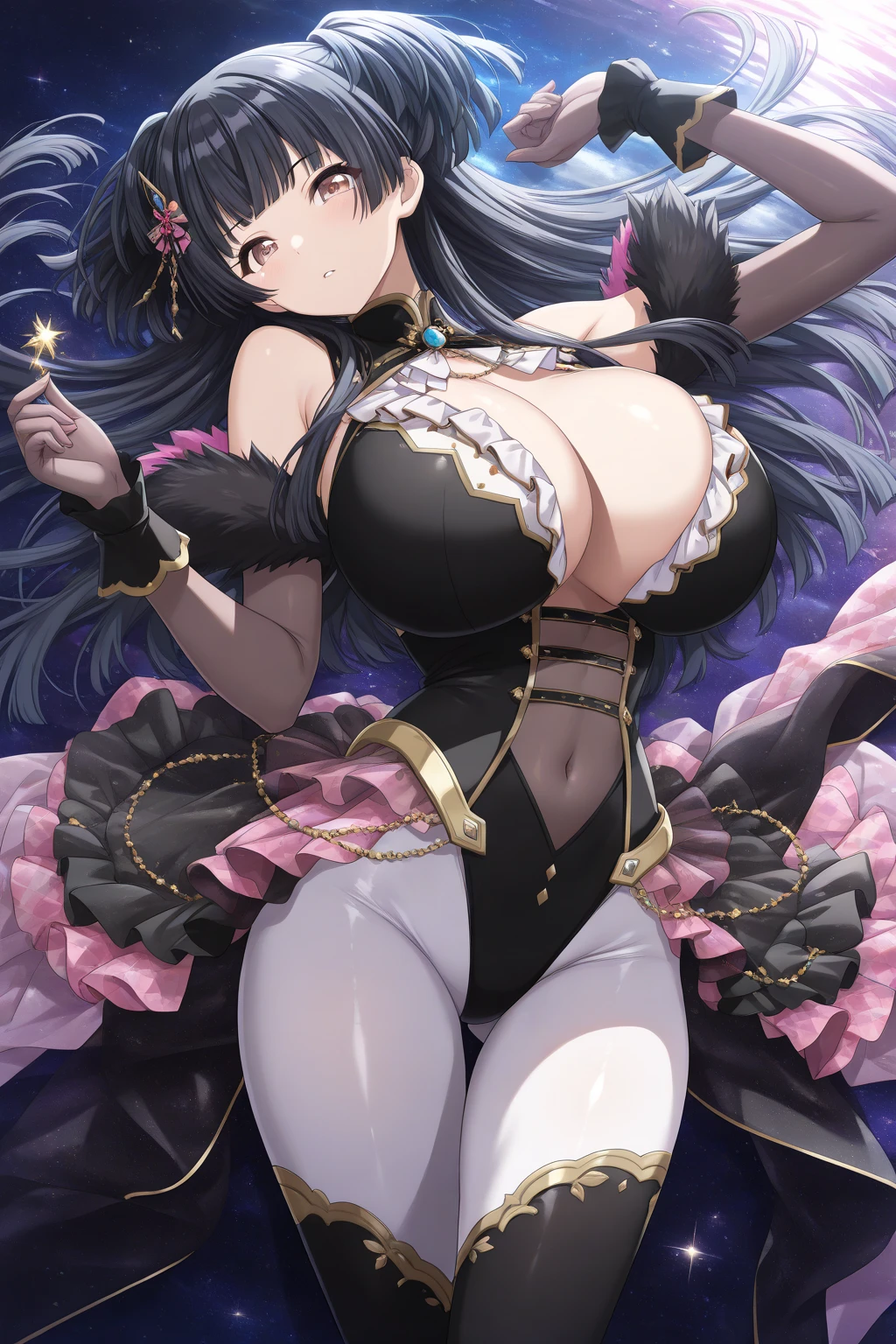 score_9, score_8_up, score_7_up, score_6_up, source_anime, <lora:FMT 0.2v:1>, FMT, 
1girl, breasts, mash kyrielight (dangerous beast), cosplay, animal ears, yor briar, mash kyrielight (dangerous beast) (cosplay), mole on breast, solo, mash kyrielight, revealing clothes, gloves, claw pose, lace-trimmed legwear, black hair, fur collar, large breasts, o-ring, wolf ears, fur-trimmed gloves, navel, fur trim, elbow gloves, lace trim, wolf tail, red eyes, looking at viewer, mole, blush, thighhighs, tail, fur-trimmed legwear, smile, hair ornament, window, thighs, long hair, halloween costume, purple gloves, bangs, flower, sweat, closed mouth, sitting, sidelocks