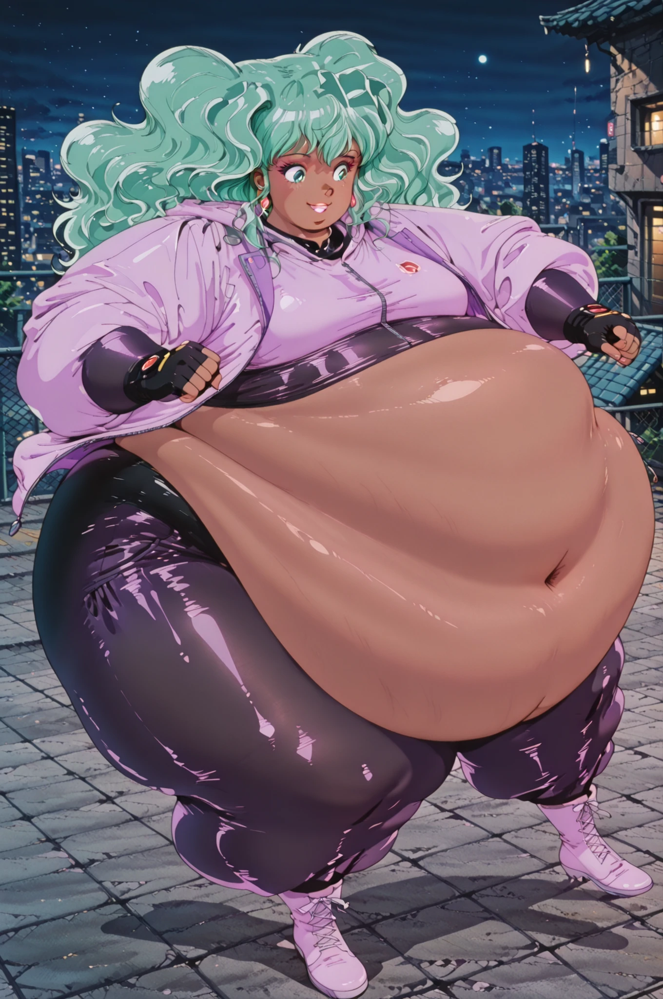 1girl,solo, masterpiece, best quality,lakshu, retro art style, 1980s \(style\), green eyes, green hair, long hair,,dark skin,black bodysuit, purple jacket, hood down, fingerless gloves, boots, earrings, jewelry, makeup,,,hyper pregnancy,hyper fat,hyper obese, full body, smile, rooftop, night, outdoors,fighting stance, dynamic angle, action pose