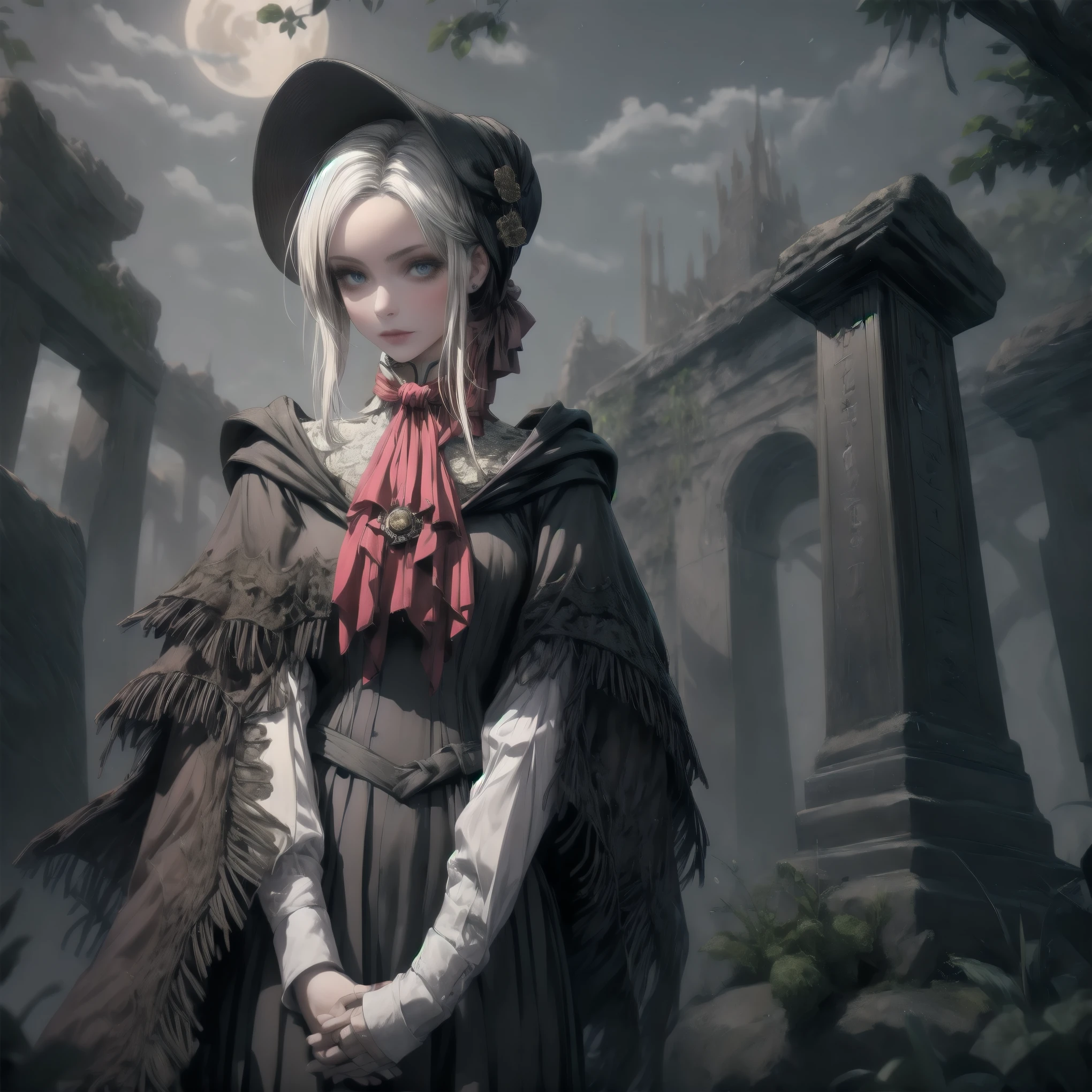 plaindoll, white hair, doll joints, bonnet, brown cloak, long dress, red ascot, 1 girl, solo, anatomically accurate ratio, the girl looks directly at the viewer, the girl is very beautiful, the girl has an incredibly beautiful face, angelic beauty face, the girl stands quietly. The atmosphere is mystical and mysterious. In the background, there is an evening landscape with a full moon, which illuminates a gloomy garden with overgrown stone tombstones. The silhouettes of trees and an old building with Gothic elements add to the sense of mystery and danger. In the foreground, there are rocks with a kerosene lantern, which adds details and emphasizes the atmosphere of an old world. Detailed background, vibrant, very aesthetic, semrealistic, newest.