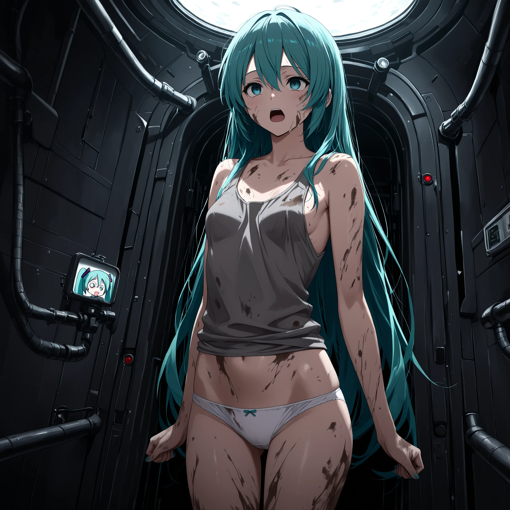 ((masterpiece,Highest quality:1.3)),(Torture with electric current,Iron Mechanical Tentacles)、cowboy shot,1woman、30-year-old beautiful detective、独奏,(very small head:1.3),green hair,(low ponytail),long hair,blunt bangs,green eyes,gorgeous eyes,tears、Pain、open mouth,drooling,medium breasts,(very long body:1.2),(toned body,slender body,skinny),gleaming skin,shiny skin,oily skin,(Injury:1.4),((A blue light current flows through the woman:1.5)),topless,nipples,navel、vagina,bottomless,White sneakers、kneeling,arms behind back,spread legs:1.3,(Tentacles restrain a woman:1.3)、Inside an abandoned building、rubble、World of Blade Runner、nsfw,