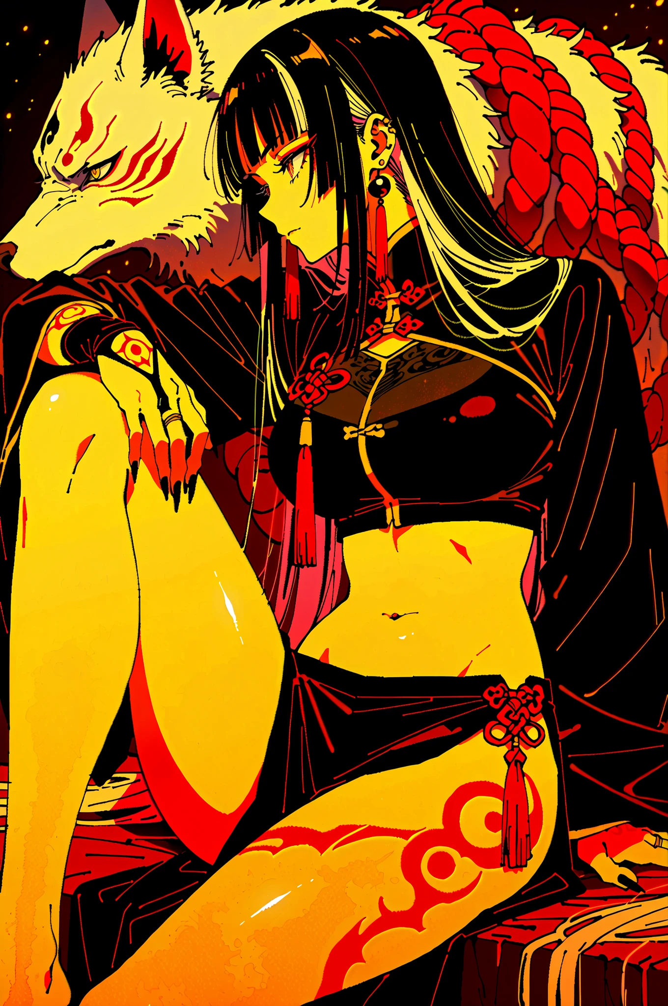 watercolor (medium),by kafun,
by mikimoto haruhiko,by rei \(sanbonzakura\),
mature female, solo,
upper body,from side,
long hair, skirt, black hair, long sleeves, navel, closed mouth, very long hair, sitting, yellow eyes, white hair, multicolored hair, sidelocks, thighs, midriff, black skirt, blunt bangs, wide sleeves, stomach, nail polish, mole, two-tone hair, streaked hair, crop top, black shirt, fingernails, eyelashes, mole under eye, feet out of frame, shiny skin, bare legs, animal, chinese clothes, facial mark, black nails, ear piercing, tassel, straight hair, rope, red nails, pelvic curtain, light particles, bridal gauntlets, eyeshadow, side slit, knee up, long fingernails, hoop earrings, sharp fingernails, eyeliner, white fur, facial tattoo, tassel earrings, yin yang, multiple rings, leg tattoo, wolf, body markings, bodypaint, arm rest, full-body tattoo, hand tattoo