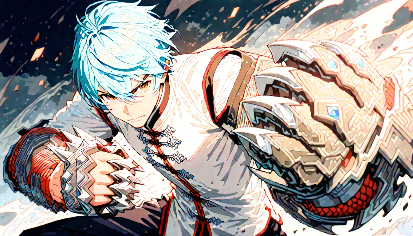1boy, male focus, boku no hero academia, masterpiece, best quality, very aesthetic, cowboy shot, muscular body, gray jacket, red tie, white shirt, teal pants, boots, short spiky hair, grayish violet hair, cyan eyes, night