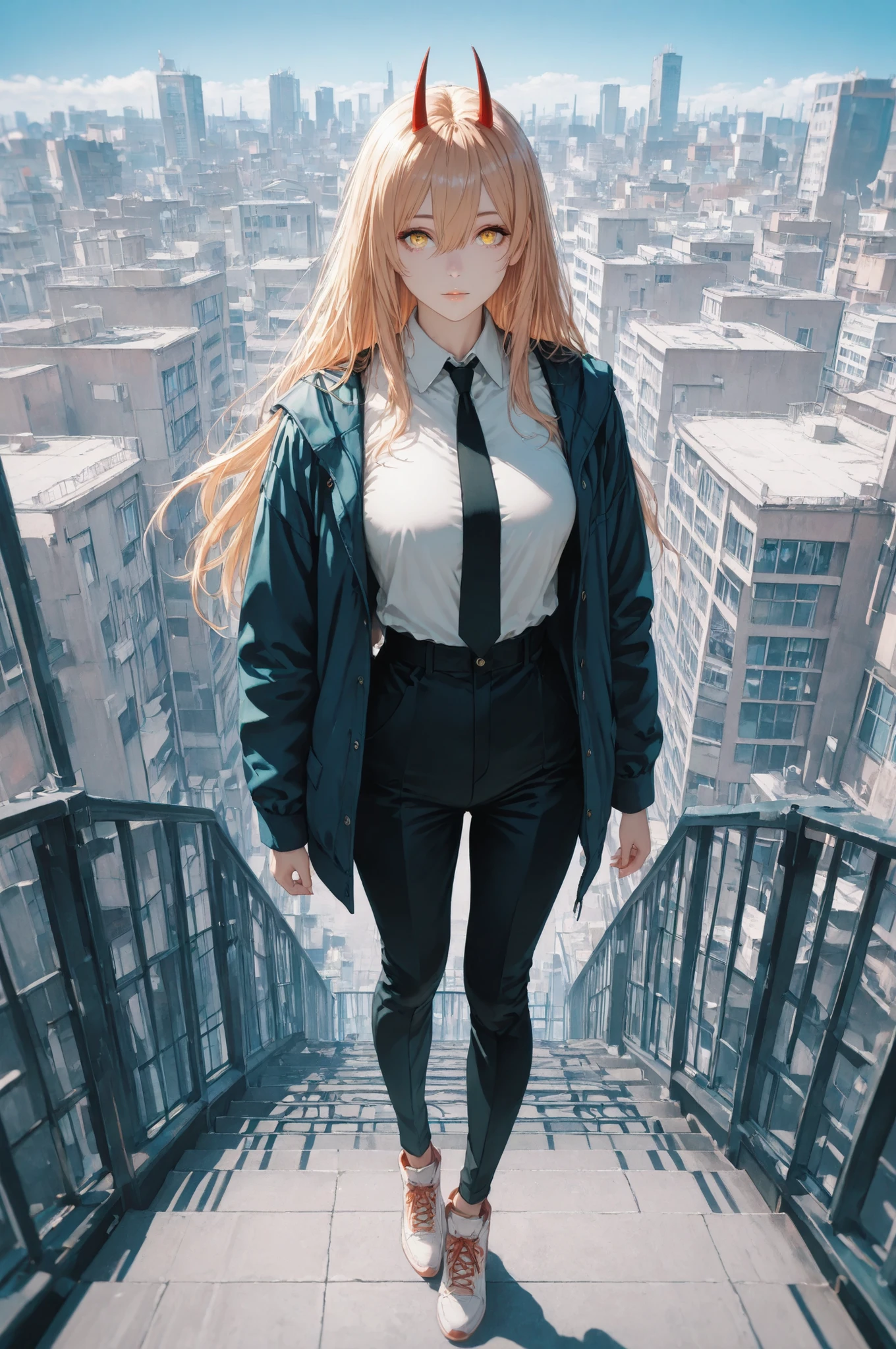 power_v1, 1girl, red horns, long hair, hair between eyes, black necktie, shirt, jacket, yellow eyes, high definition eyes, detailed eyes, high gradient eyes, eyesHD, 1girl, solo, full body view, the girl is very beautiful, the girl has an incredibly beautiful face, detailed skin image, anatomically accurate ratio, the girl looks directly at the viewer, the girl smiles very sweetly, The girl is standing on the roof of a high-rise building in Japan, and it's a beautiful sunny day with no clouds in the blue sky. Masterpiece, best quality, vibrant, very aesthetic, high contrast, semrealistic, newest, (masterpiece, detailed:1.2). Proper lighting, proper shadows, detailed background.