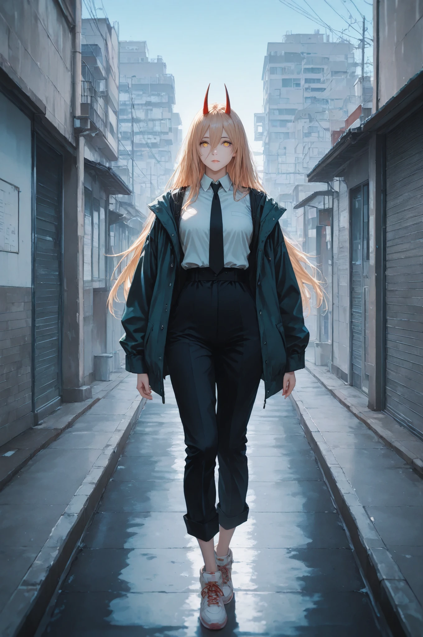 power_v1, 1girl, red horns, long hair, hair between eyes, black necktie, shirt, jacket, yellow eyes, high definition eyes, detailed eyes, high gradient eyes, eyesHD, 1girl, solo, full body view, the girl is very beautiful, the girl has an incredibly beautiful face, detailed skin image, anatomically accurate ratio, the girl looks directly at the viewer, the girl smiles very sweetly, The girl is standing on the roof of a high-rise building in Japan, and it's a beautiful sunny day with no clouds in the blue sky. Masterpiece, best quality, vibrant, very aesthetic, high contrast, semrealistic, newest, (masterpiece, detailed:1.2). Proper lighting, proper shadows, detailed background.