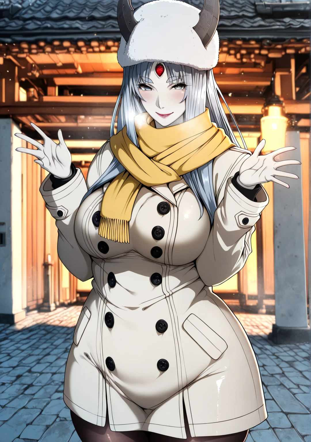 L_Cation2, Babu-style, Hgk, (butcha-u-style:1.2), (imizu_(nitro_unknown)-style:1.4), (gin_moku-style:1.2), (j.k.-style:1.3), (anime coloring, anime screencap), shiny skin, (voluptuous body:1.4), (mature female:1.4), (cellulite:1.3), ((anatomical correct)), ((Cinematic, unreal engine, eye-catching, ambient occlusion, UHD, masterpiece)), ((perfect lighting, soft shadow)), perfect body, perfect eyes, perfect fingers, gasping, heavy breathing, gasping profusely, ((skindentation)), ((curvy)), otsutsuki kaguya, grey hair, long hair, grey eyes, third eye, horns, red lips, (pale skin:1.2), plump, ((vignetting)), 1girl, scarf, solo, hat, smile, coat, chromatic_aberration, blush, breasts, facing_viewer, white_coat, pantyhose, winter_clothes, long_sleeves, yellow_scarf, outdoors, buttons, blurry, hands_up, fur_hat, blurry_background, white_headwear, open_mouth, cold, breeze 