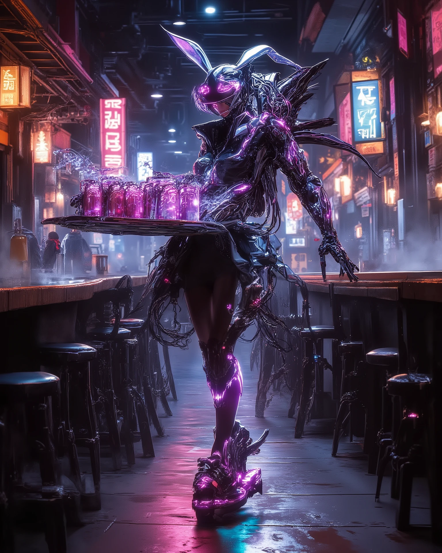 Anime cyberpunk art of a cool bunny girl skater in a neon-drenched tavern. She's rolling on her electric skateboard, weaving between tables, holding a tray with glowing drinks. The air is thick with holographic smoke and the glow of signs. Cybernetic implants, retro-futuristic aesthetic, dramatic lighting, vibrant colors