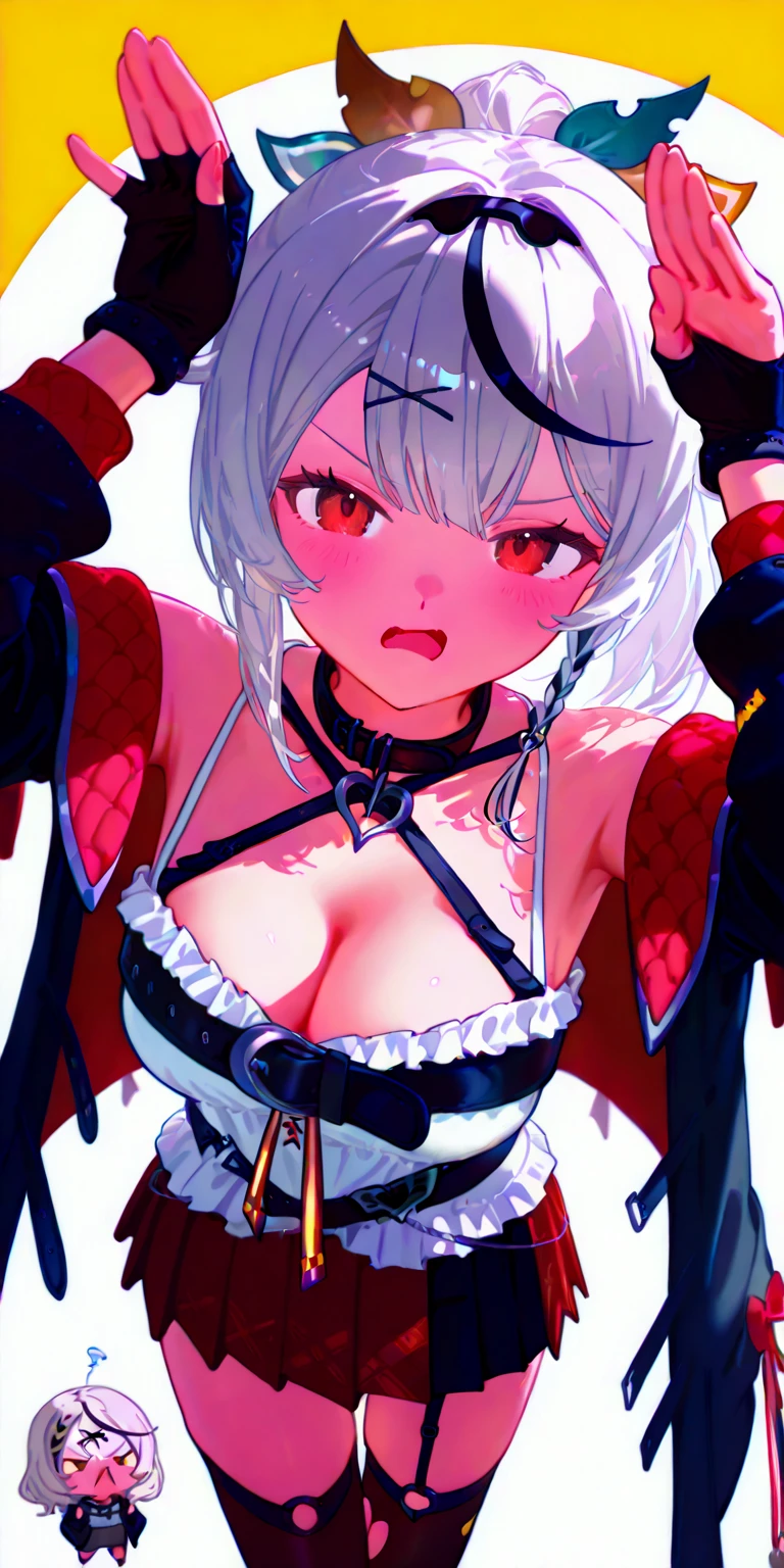 1girl, W \(arknights\), arknights \\\\\ masterpiece, best quality, very aesthetic, absurdres, newest \\\\\\ slim body,///// ,by nyantcha,cutesexyrobutts , by khyle,,////// ,,solo,, , ,,detailed face, , ,, , , , , beautiful face, (white background:1.2),simple background , , , orange eyes, , , rating:nsfw,,big ,),  in the center of the frame,,short hair, ,lingerie garter belt,, black openwork bra