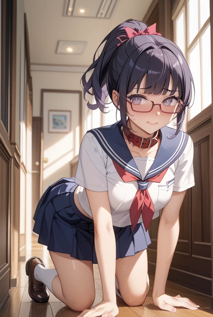 A cute girl in a , short brown hair, squatting down and looking shy, steam rising around her, photographed from below, 1girl, very short hair, white blouse, navy blue skirt, navy blue socks, brown loafers, white panties, red framed glasses, nichijou style, best quality, 4k, 8k, highres, masterpiece:1.2, ultra-detailed, realistic, photorealistic, photo-realistic:1.37, HDR, UHD, studio lighting, ultra-fine painting, sharp focus, physically-based rendering, extreme detail description, professional, vivid colors, bokeh