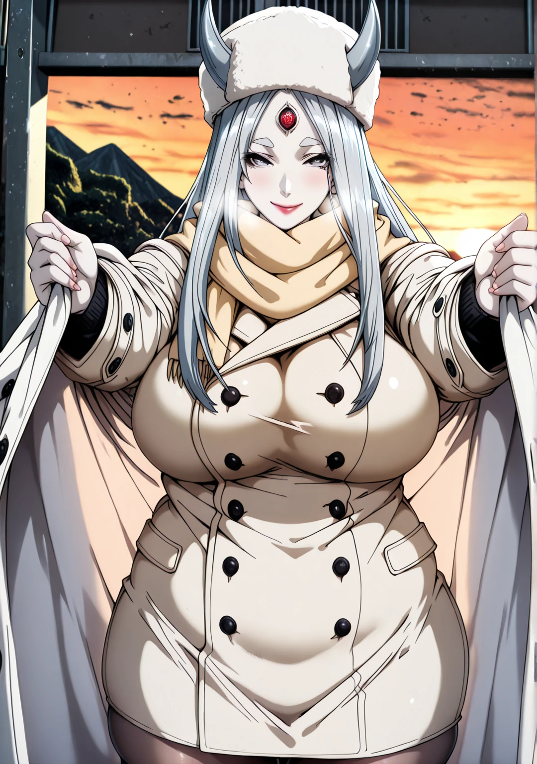 L_Cation2, Babu-style, Hgk, (butcha-u-style:1.2), (imizu_(nitro_unknown)-style:1.4), (gin_moku-style:1.2), (j.k.-style:1.3), (anime coloring, anime screencap), shiny skin, (voluptuous body:1.4), (mature female:1.4), (cellulite:1.3), ((anatomical correct)), ((Cinematic, unreal engine, eye-catching, ambient occlusion, UHD, masterpiece)), ((perfect lighting, soft shadow)), perfect body, perfect eyes, perfect fingers, gasping, heavy breathing, gasping profusely, ((skindentation)), ((curvy)), otsutsuki kaguya, grey hair, long hair, grey eyes, third eye, horns, red lips, (pale skin:1.2), plump, ((vignetting)), 1girl, scarf, solo, hat, smile, coat, chromatic_aberration, blush, breasts, facing_viewer, white_coat, pantyhose, winter_clothes, long_sleeves, yellow_scarf, outdoors, buttons, blurry, hands_up, fur_hat, blurry_background, white_headwear, open_mouth, cold, breeze