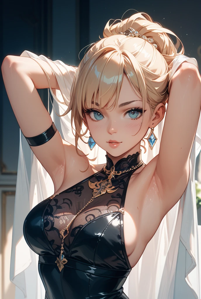 girl , tmasterpiece，Highest image quality，Beautiful bust of a royal ，Delicate blonde hairstyle，Turquoise eyes，Decorated with dazzling intricate jewelry，super detailing，upscaled。