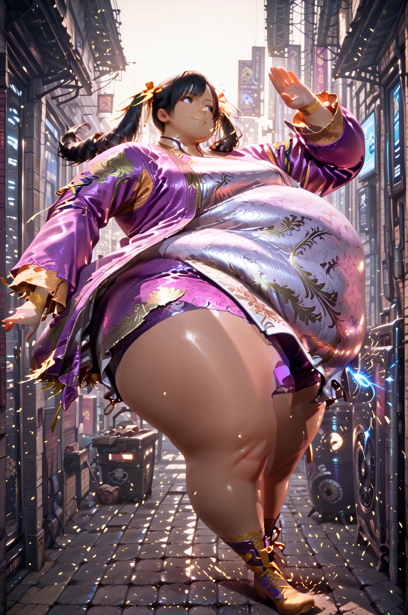 1girl, solo, masterpiece, best quality, Ling Xiaoyu, long hair, black hair, twin tails, brown eyes, dark skin, Asian, shirt, long sleeves, hair ornament, ribbon, hair ribbon, open clothes, shorts, open jacket, purple jacket, purple shorts, Chinese clothes, short dress, bike shorts, China dress, yellow ribbon, hyper obese, hyper fat, full body, smile, outdoors, alley, kicking, action pose, dynamic angle, fighting stance