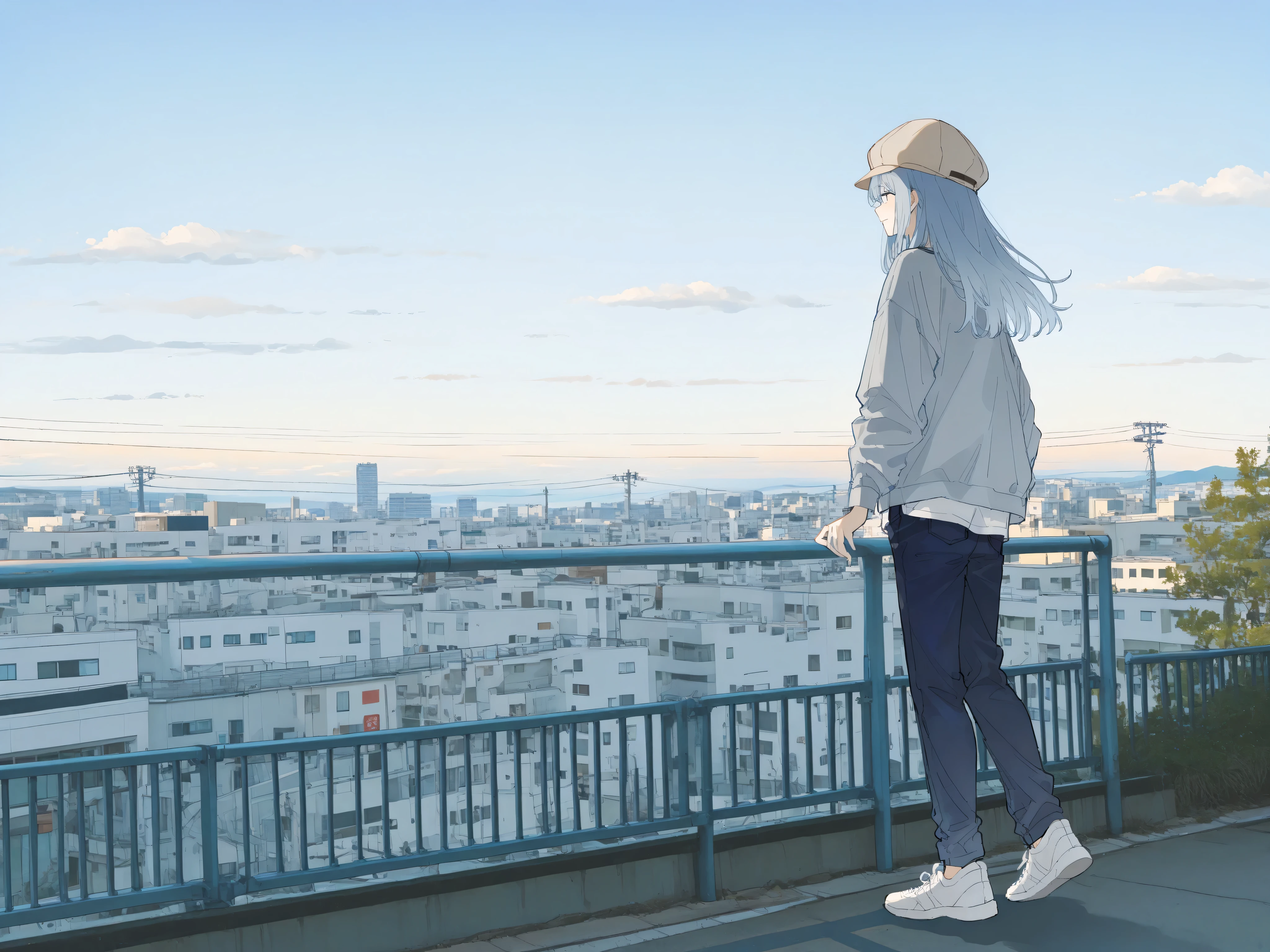 A cheerful Japanese woman wearing a beige cap walks energetically through a modern Japanese city street on a clear early autumn morning, surrounded by the soft glow of a pale blue sunrise.
Captured in a Makoto Shinkai-style anime scene, her full body is visible, walking naturally with dynamic motion — her right hand touching the brim of her cap, her brown shoulder-length hair and light gray jacket fluttering gently in the breeze.
She wears a white T-shirt, dark navy pants, and white sneakers.
The soft blue morning sunlight shines diagonally from the left, illuminating her figure and casting long, delicate shadows on the street.
The background shows a wide Japanese city street with trees, glass buildings, power lines, and shop signs in Japanese, fading softly into the light.
The sky fills the upper half of the image, pale blue with light clouds, emphasizing the clean air and calm morning atmosphere.
The overall tone is fresh, peaceful, and full of life, capturing the feeling of a new day beginning.
Style: Makoto Shinkai-inspired anime lighting, pale blue tones, realistic movement, wide cinematic framing, depth of field, and clear atmospheric perspective.