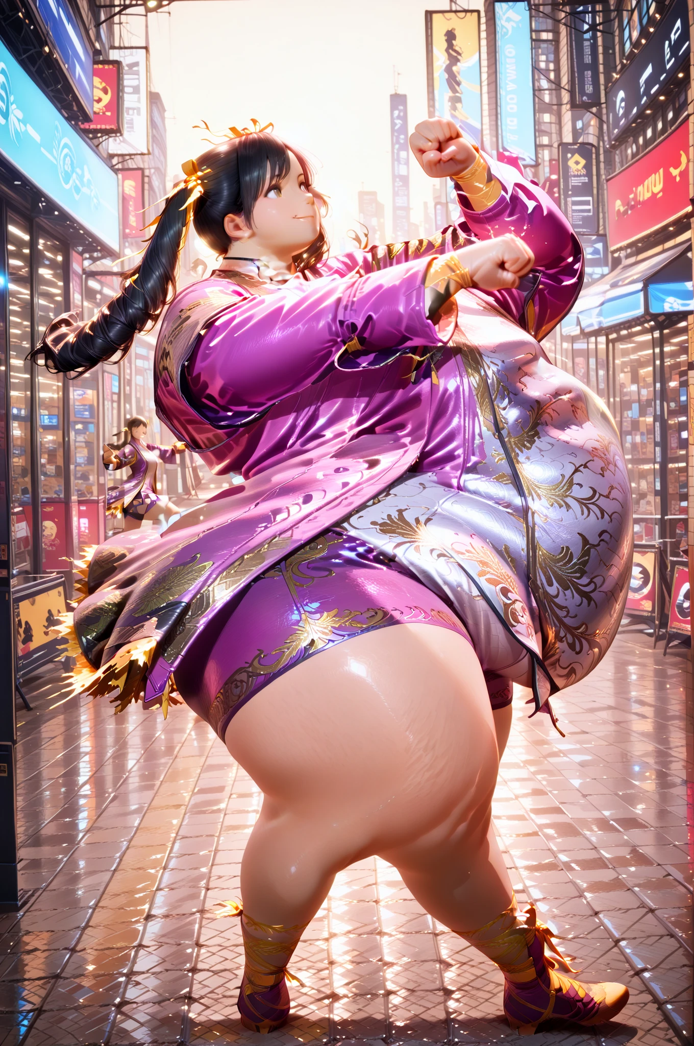 1girl, solo, masterpiece, best quality, Ling Xiaoyu, long hair, black hair, twin tails, brown eyes, Asian, shirt, long sleeves, hair ornament, ribbon, hair ribbon, open clothes, shorts, open jacket, purple jacket, purple shorts, Chinese clothes, short dress, bike shorts, China dress, yellow ribbon, hyper obese, hyper fat, full body, smile, outdoors, mall, punching, action pose, dynamic angle, fighting stance