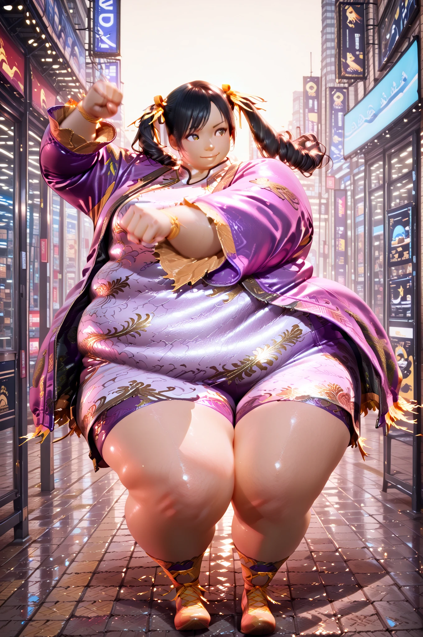 1girl, solo, masterpiece, best quality, Ling Xiaoyu, long hair, black hair, twin tails, brown eyes, Asian, shirt, long sleeves, hair ornament, ribbon, hair ribbon, open clothes, shorts, open jacket, purple jacket, purple shorts, Chinese clothes, short dress, bike shorts, China dress, yellow ribbon, hyper obese, hyper fat, full body, smile, outdoors, mall, punching, action pose, dynamic angle, fighting stance