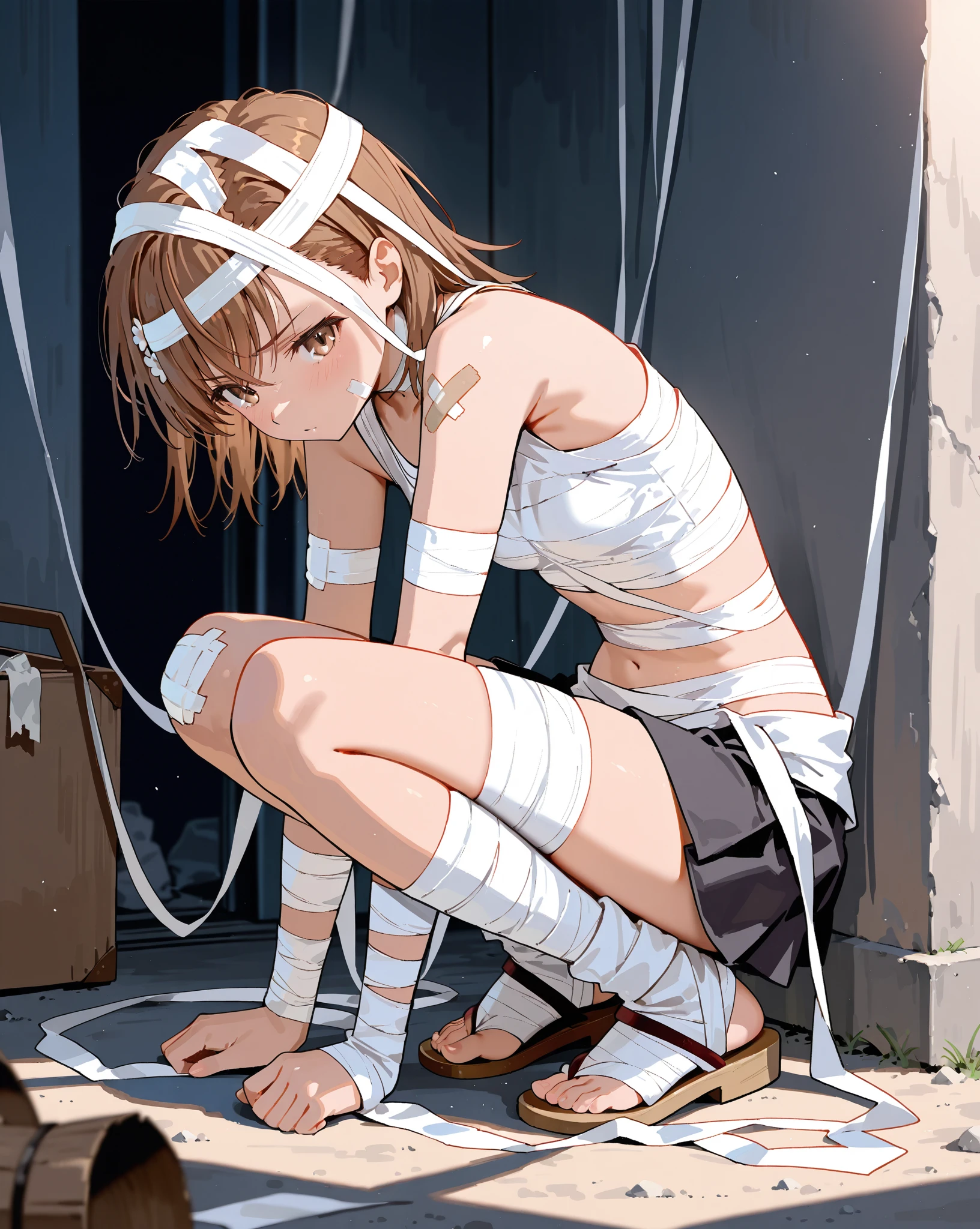 3D two-dimensional, redraw light and shadow, wearing tattered sackcloth clothes, hemp rope tied around the waist, black handcuffs locked with both hands, black leg ???????? locked with both feet, black collar locked around the neck, handcuffs and leg ???????? linked to black iron chain binding, highlighting black whip scars on the body, highlighting handcuff metal materials, highlighting handcuffs reflective material, highlighting serious black scars on the face, ???? feet, highlighting facial tears, highlighting arm ???????? black scars, highlighting foot ???????? black scars, highlighting the torn neckline of clothes, highlighting tattered cuffs, Highlight the tattered skirt of the dress, optimize the two-hand work, clench the fist with the left hand, clench the fist with the right hand, highlight the dirty clothes, highlight the dirty face, highlight the blood-red handcuff scars on the wrists, highlight the blood-red scars on the neck, clear painting style, 4K, frightened expression, redraw body proportions, slim figure, ???? feet, painful expression, highlight dirty soles of the feet